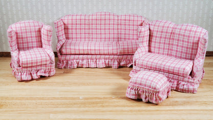 Dollhouse Living Room Set 4 pc Pink Plaid 1:12 Scale Miniature Furniture