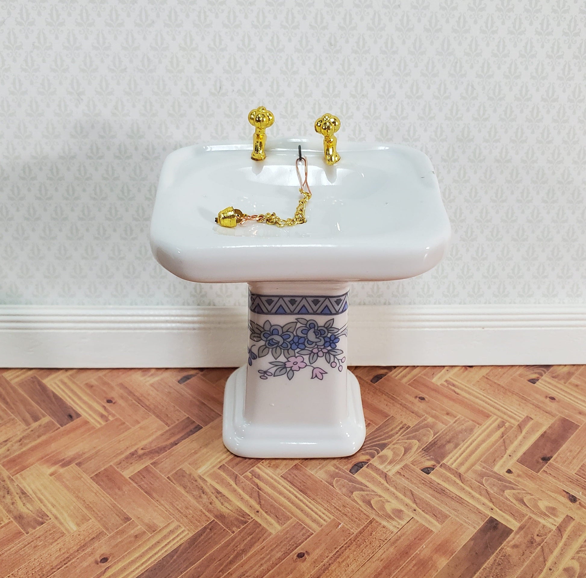 Dollhouse Bathroom Set White & Blue Ceramic Tub Toilet Sink 1:12 Scale Miniature