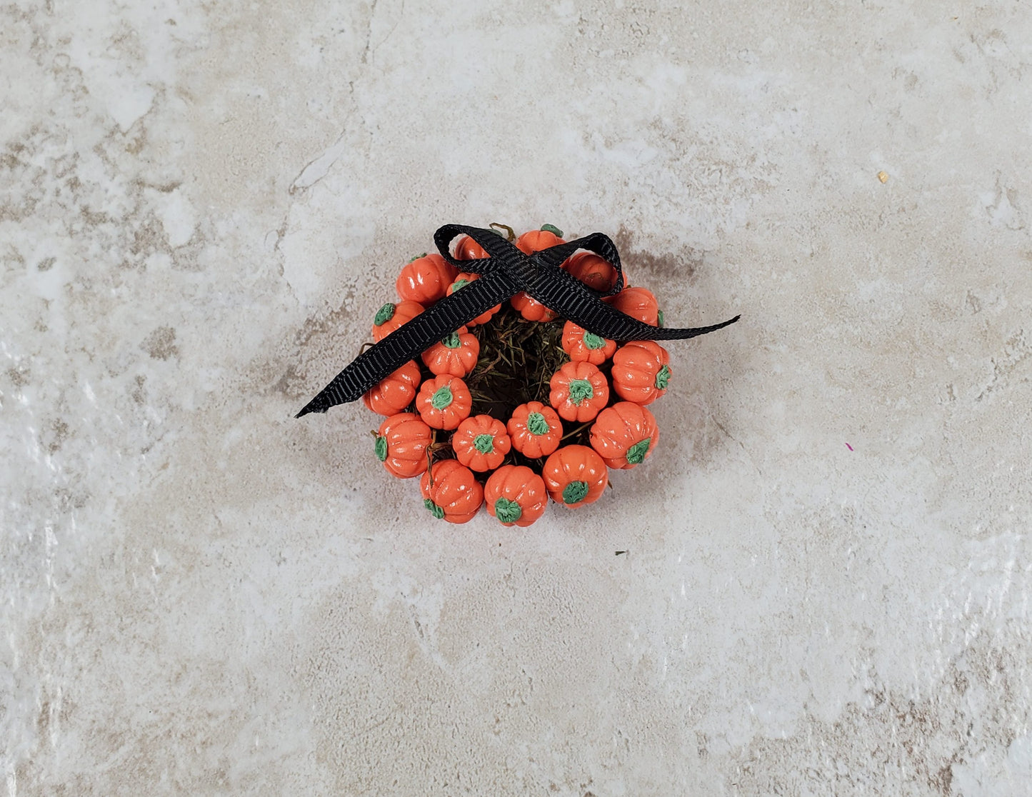 Dollhouse Pumpkin Wreath with Black Ribbon 1:12 Scale Miniature