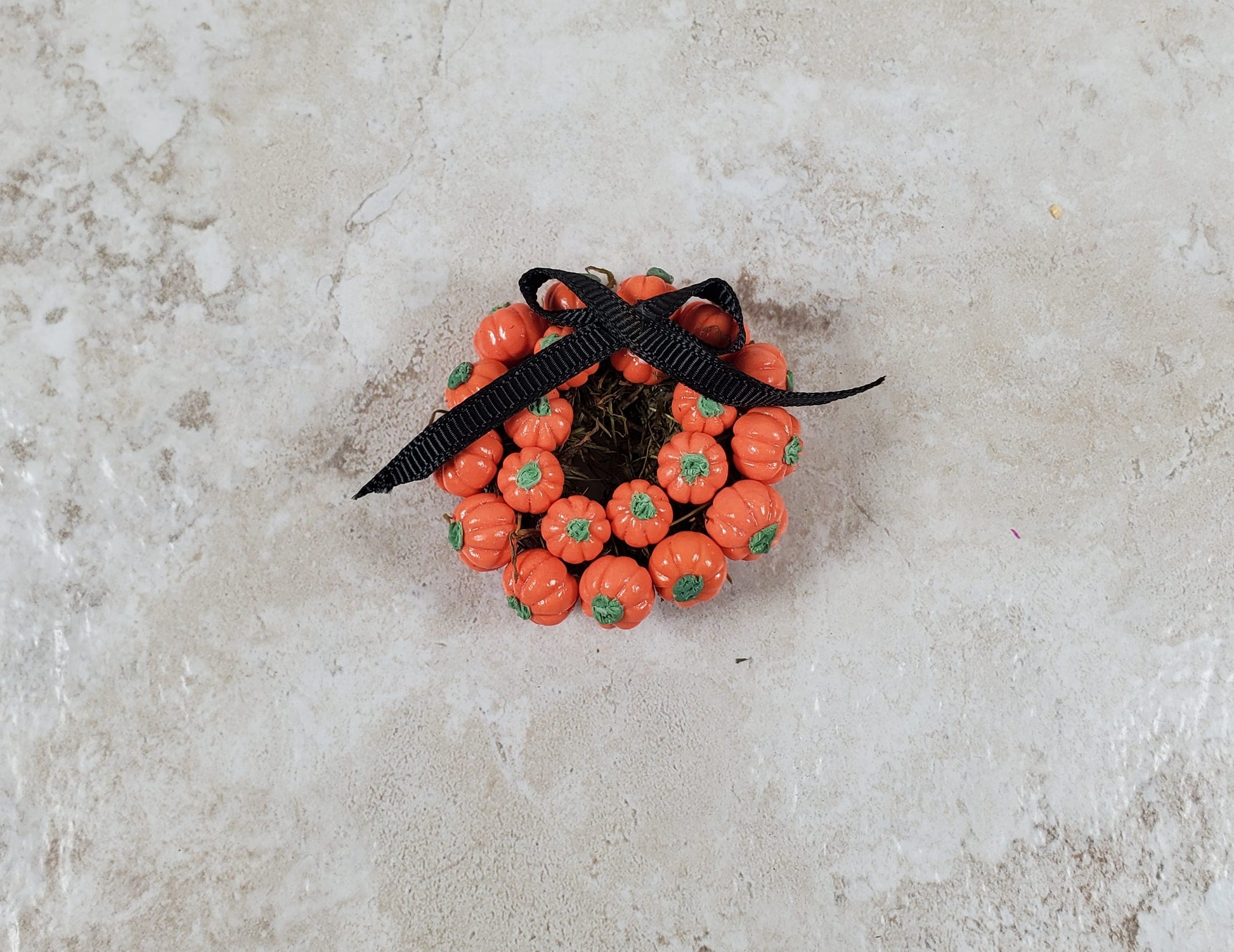 Dollhouse Pumpkin Wreath with Black Ribbon 1:12 Scale Miniature