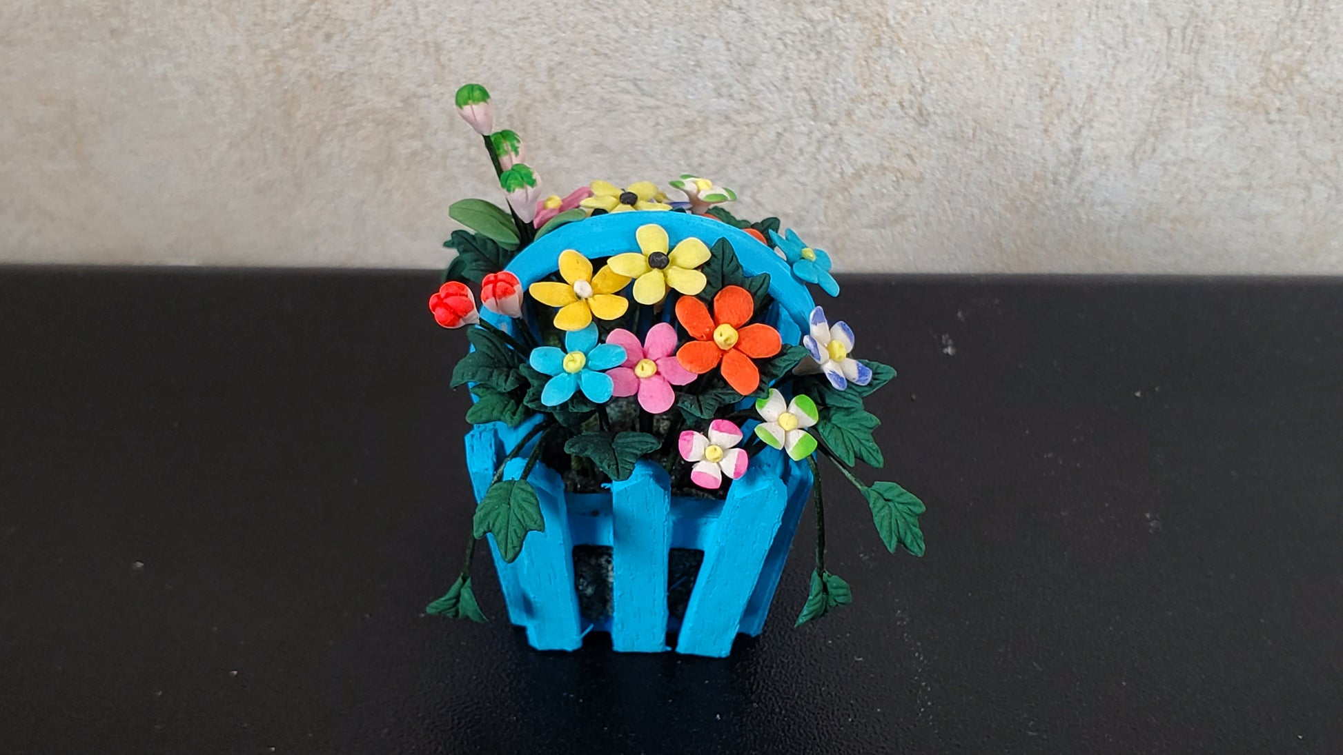 Dollhouse Spring Florals in Blue Picket Planter 1:12 Scale Miniature
