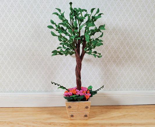 Dollhouse Large Ficus Tree in Square Wooden Flower Planter 1:12 Scale Miniature
