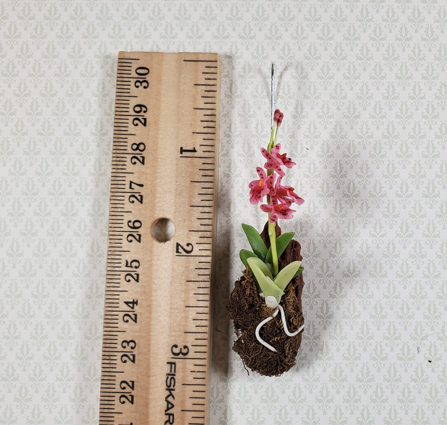 Dollhouse Hanging Orchid on Bark with Moss Pink Flowering Plant 1:12 Scale
