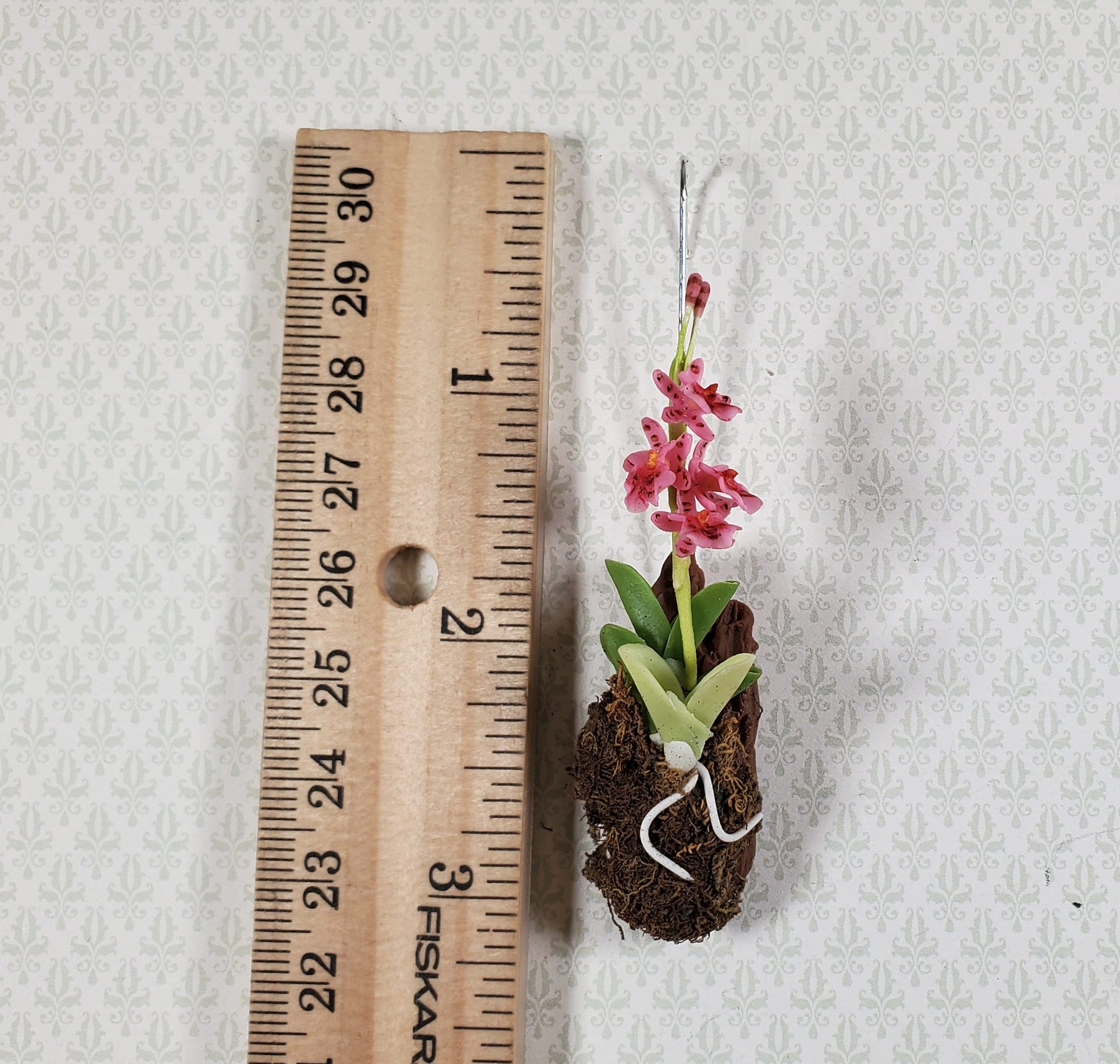 Dollhouse Hanging Orchid on Bark with Moss Pink Flowering Plant 1:12 Scale
