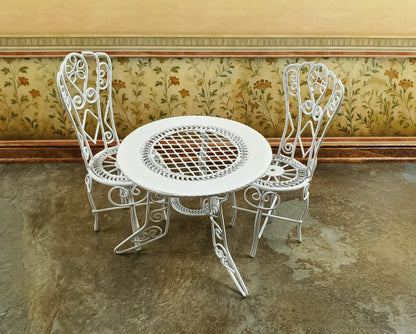 Dollhouse Patio Set White Metal Table 2 Chairs 1:12 Scale Fairy Garden Bistro