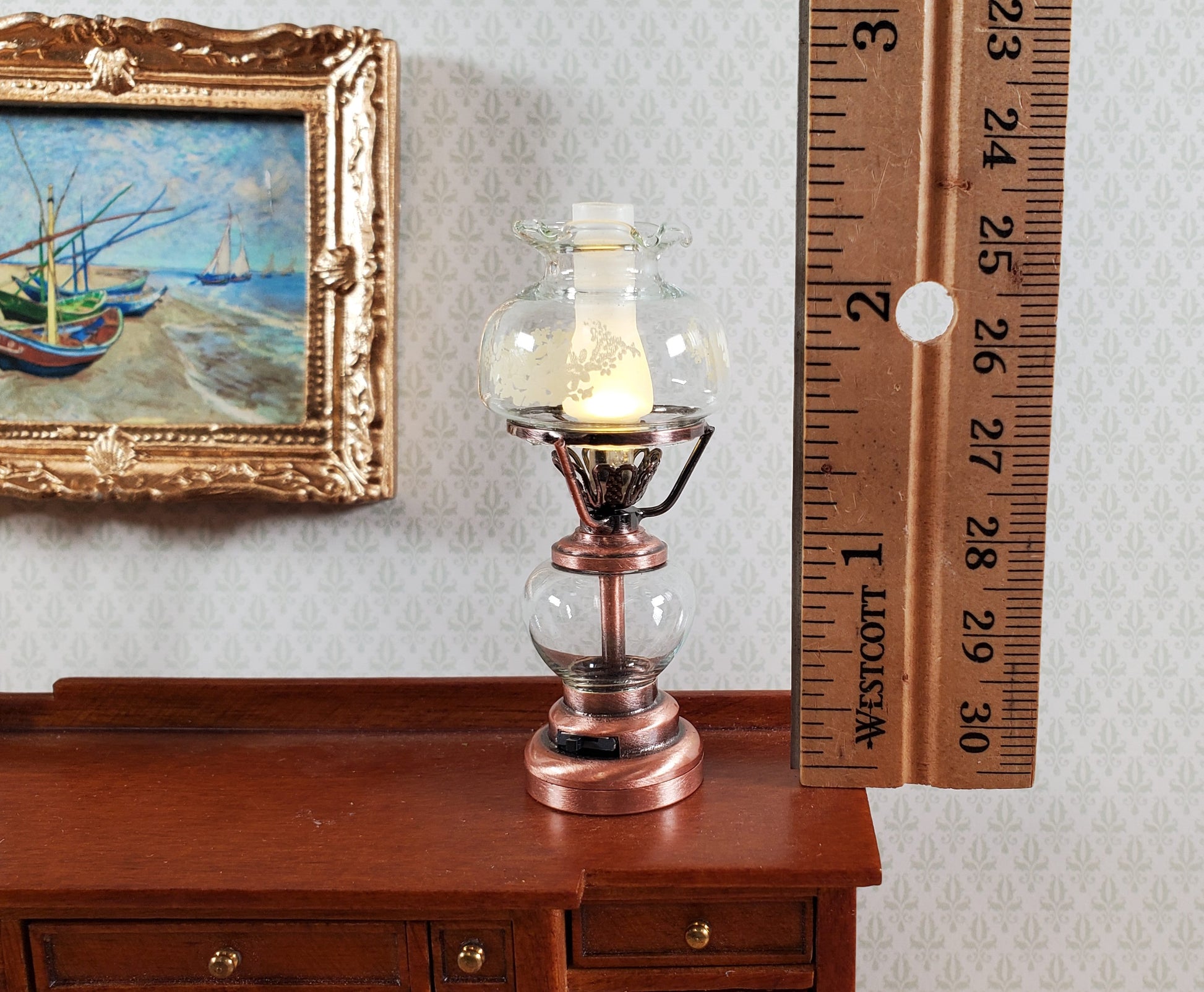 Dollhouse Light Hurricane Oil Lamp Battery Operated Copper 1:12 Scale Miniature