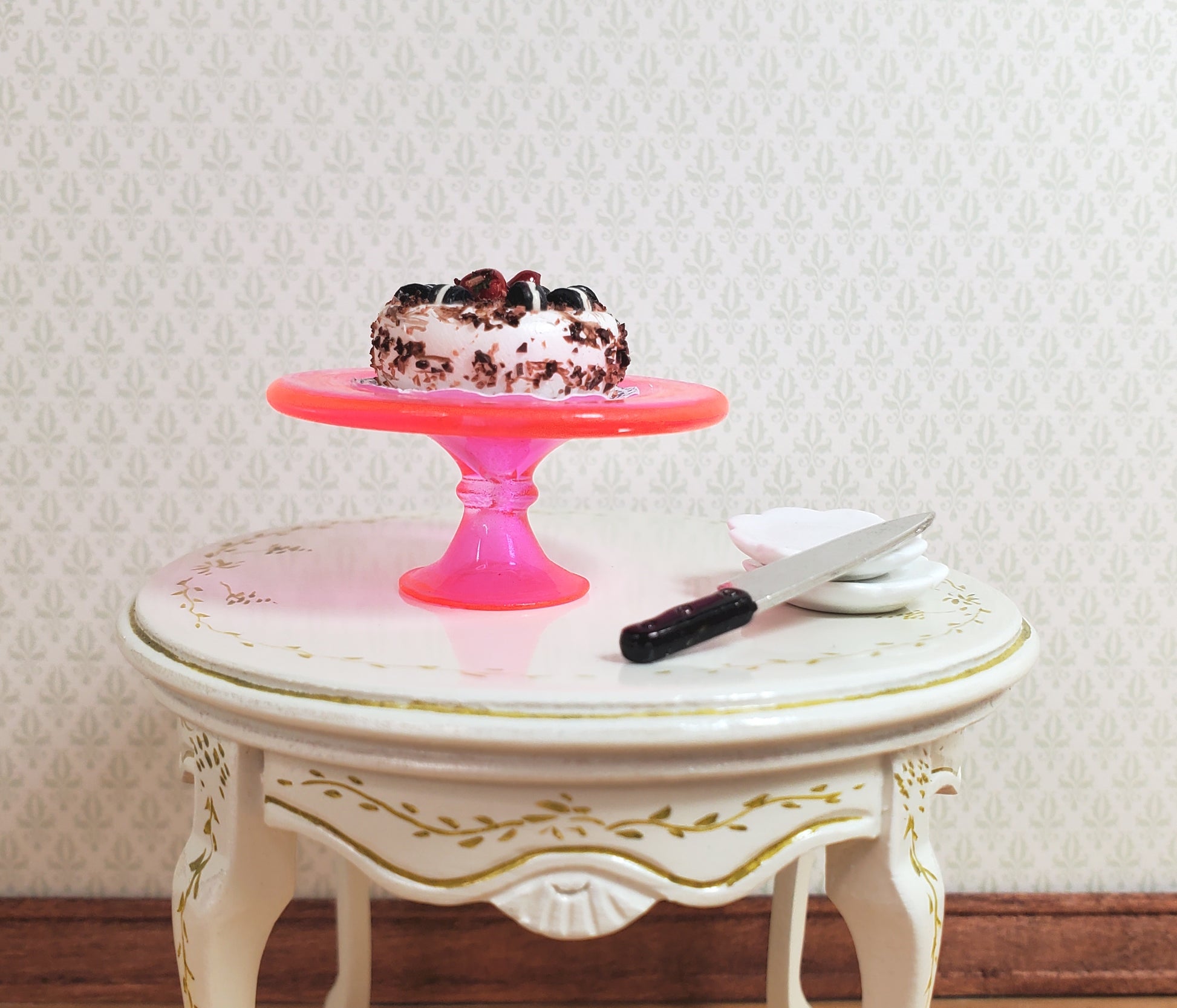 Dollhouse Pink Glass Cake Stand on Pedestal 1:12 Scale Miniature Kitchen