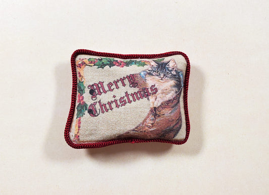 Dollhouse Christmas Cat Vintage Style Pillow Handmade 1:12 Scale Miniature