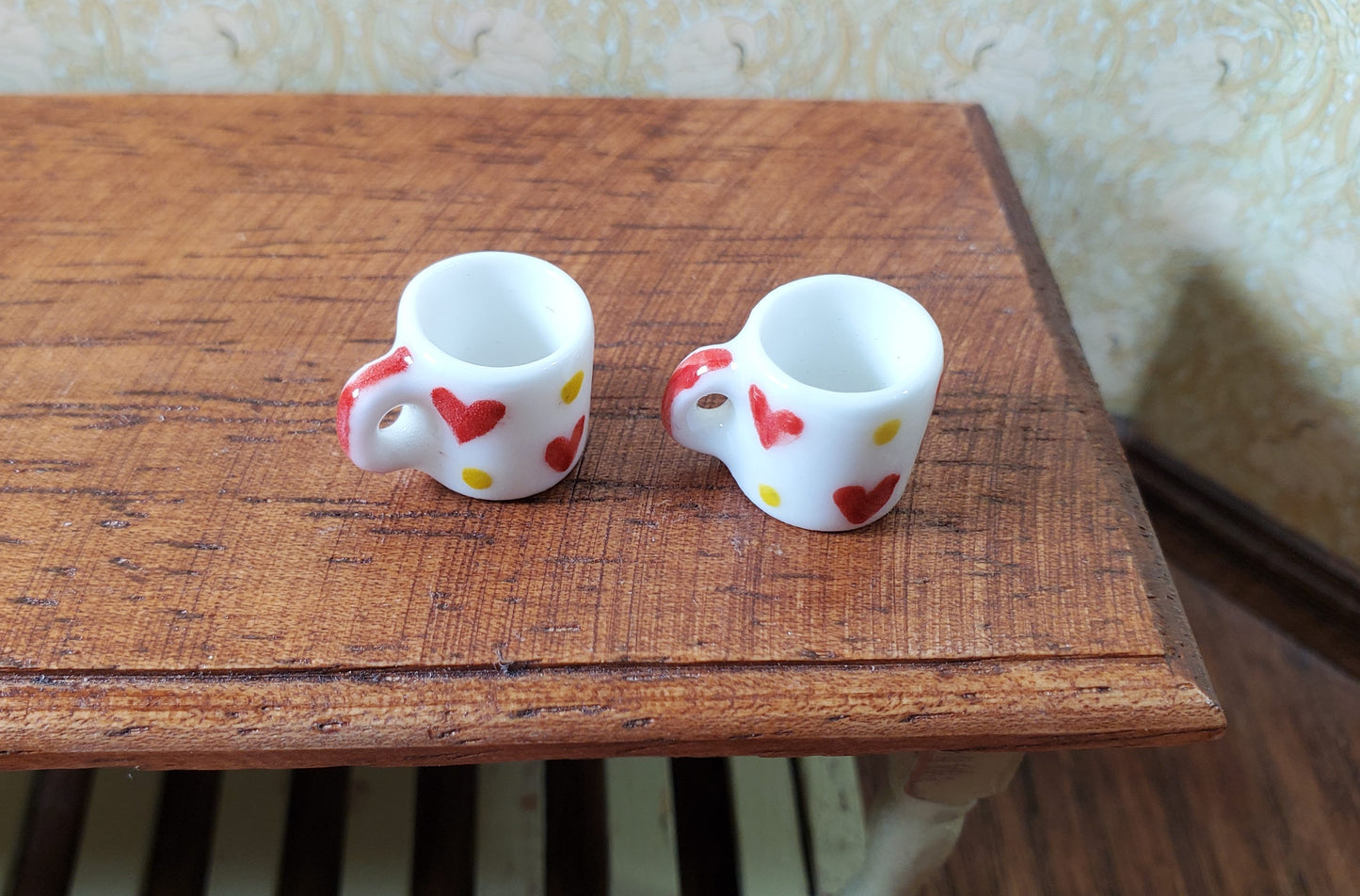 Dollhouse Red Heart & Gold Dots Porcelain Mug Set of 2 1:12 Scale Miniature
