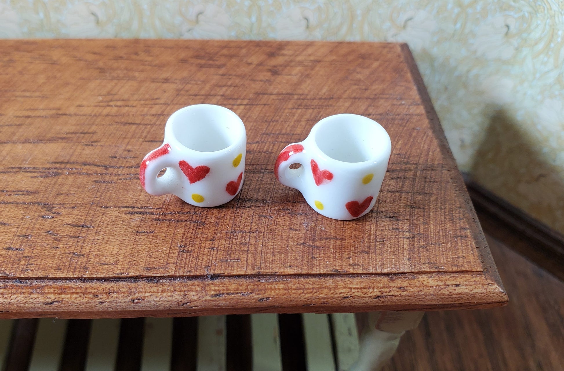 Dollhouse Red Heart & Gold Dots Porcelain Mug Set of 2 1:12 Scale Miniature