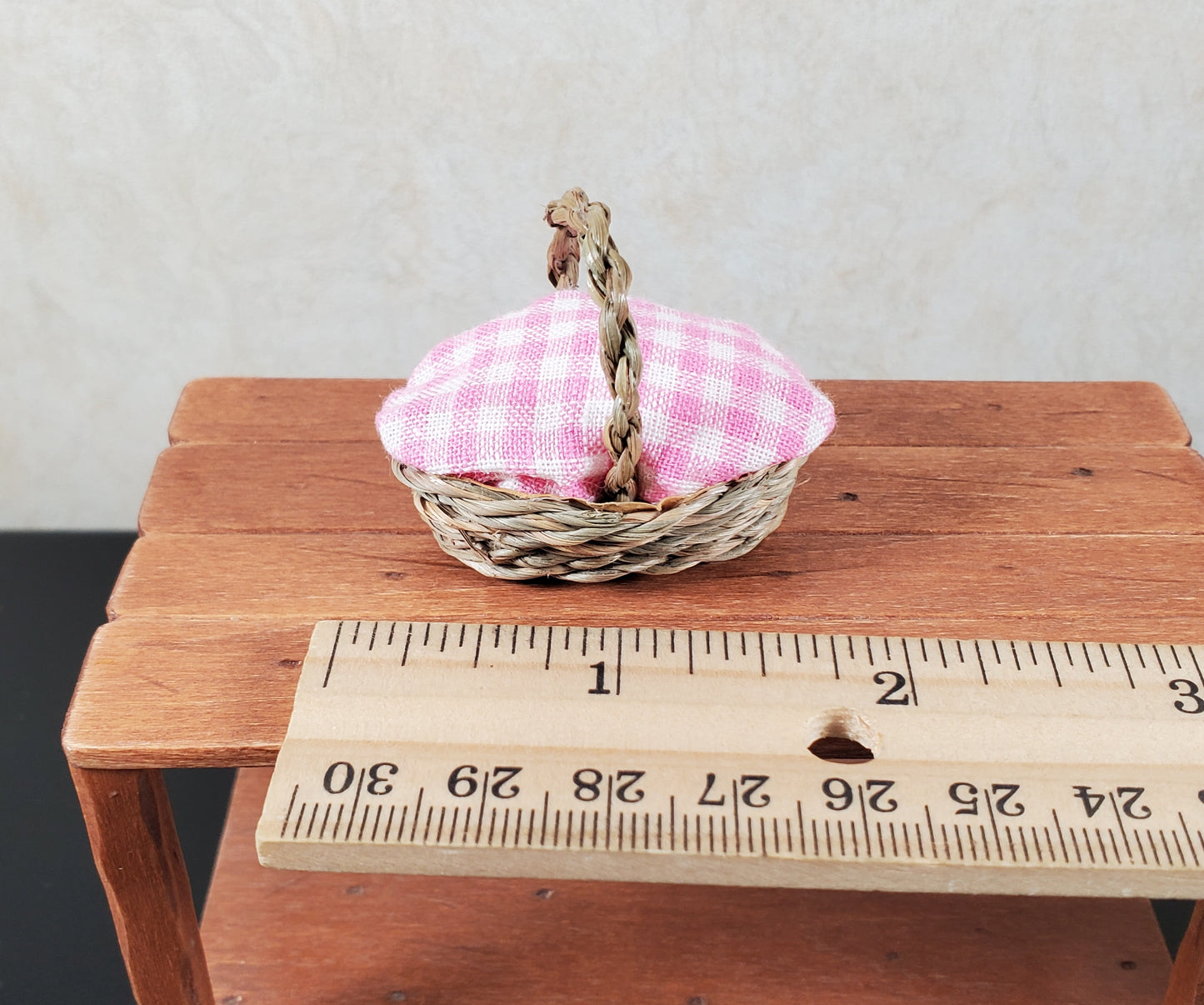 Dollhouse Picnic Basket with Pink & White Gingham Cover 1:12 Scale Miniature