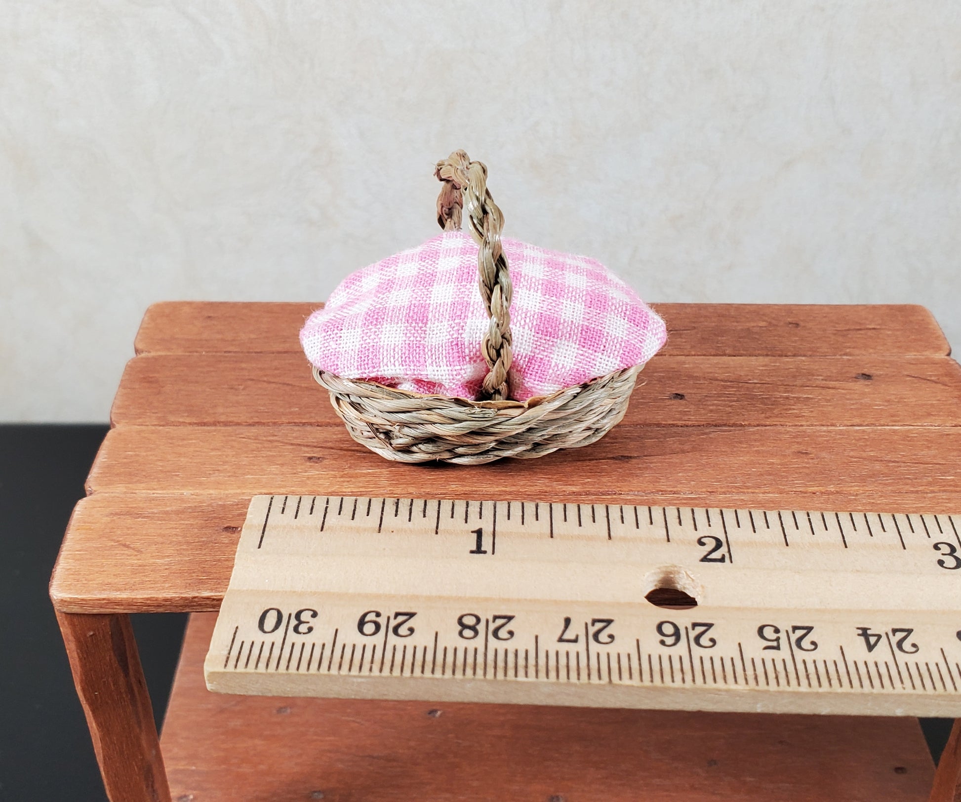 Dollhouse Picnic Basket with Pink & White Gingham Cover 1:12 Scale Miniature