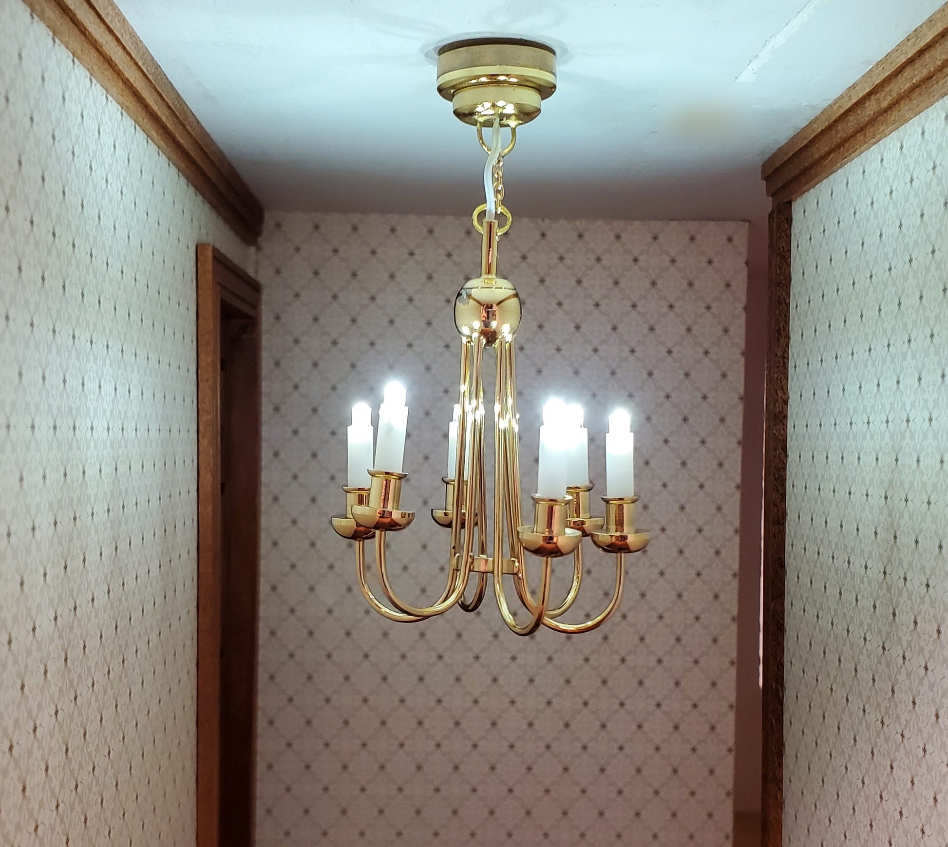 Dollhouse Chandelier LED Battery Operated Gold 6 Arm Light 1:12 Scale Miniature