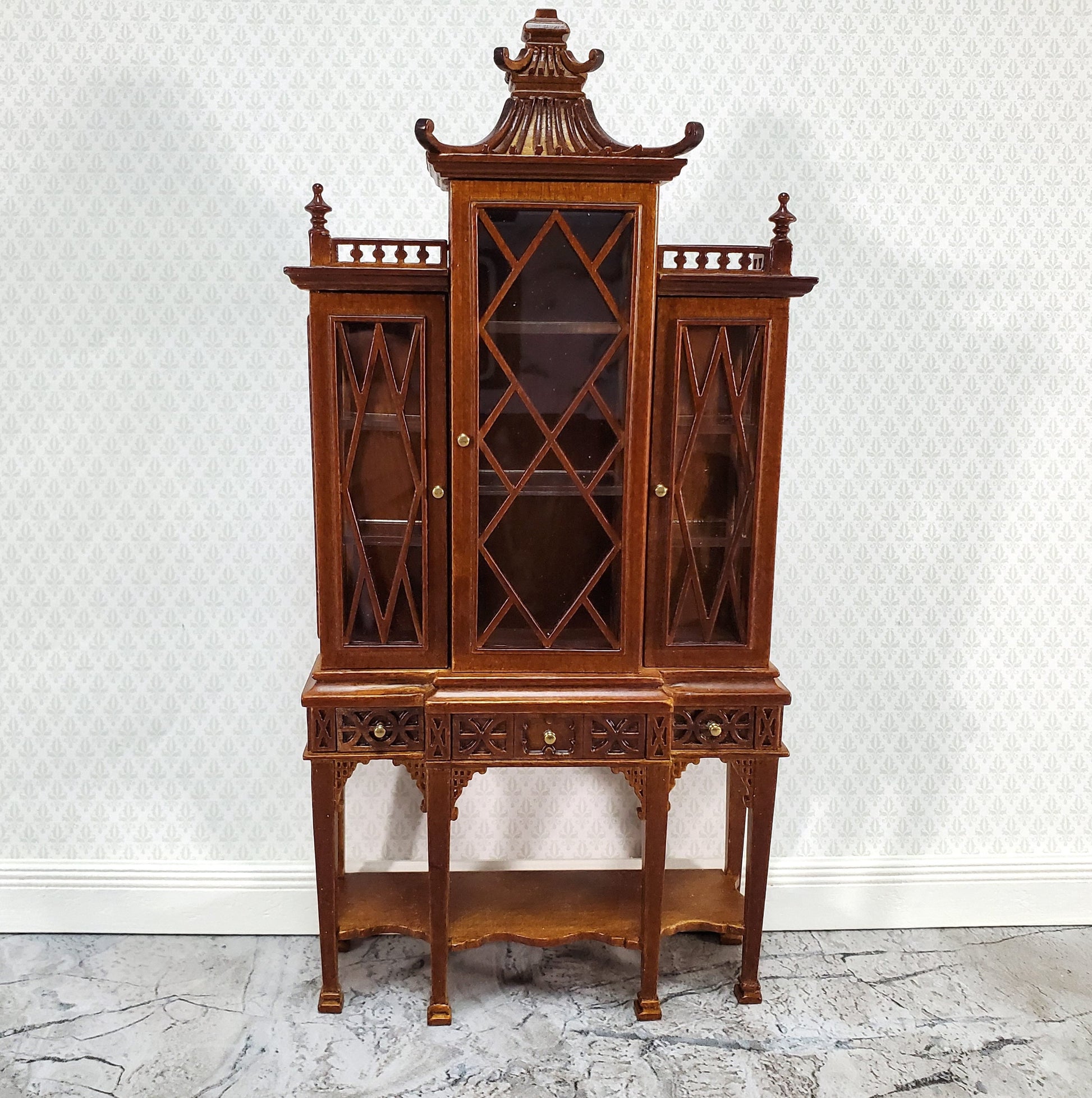 JBM Dollhouse Breakfront Display Cabinet Chippendale Style 1:12 Scale Furniture