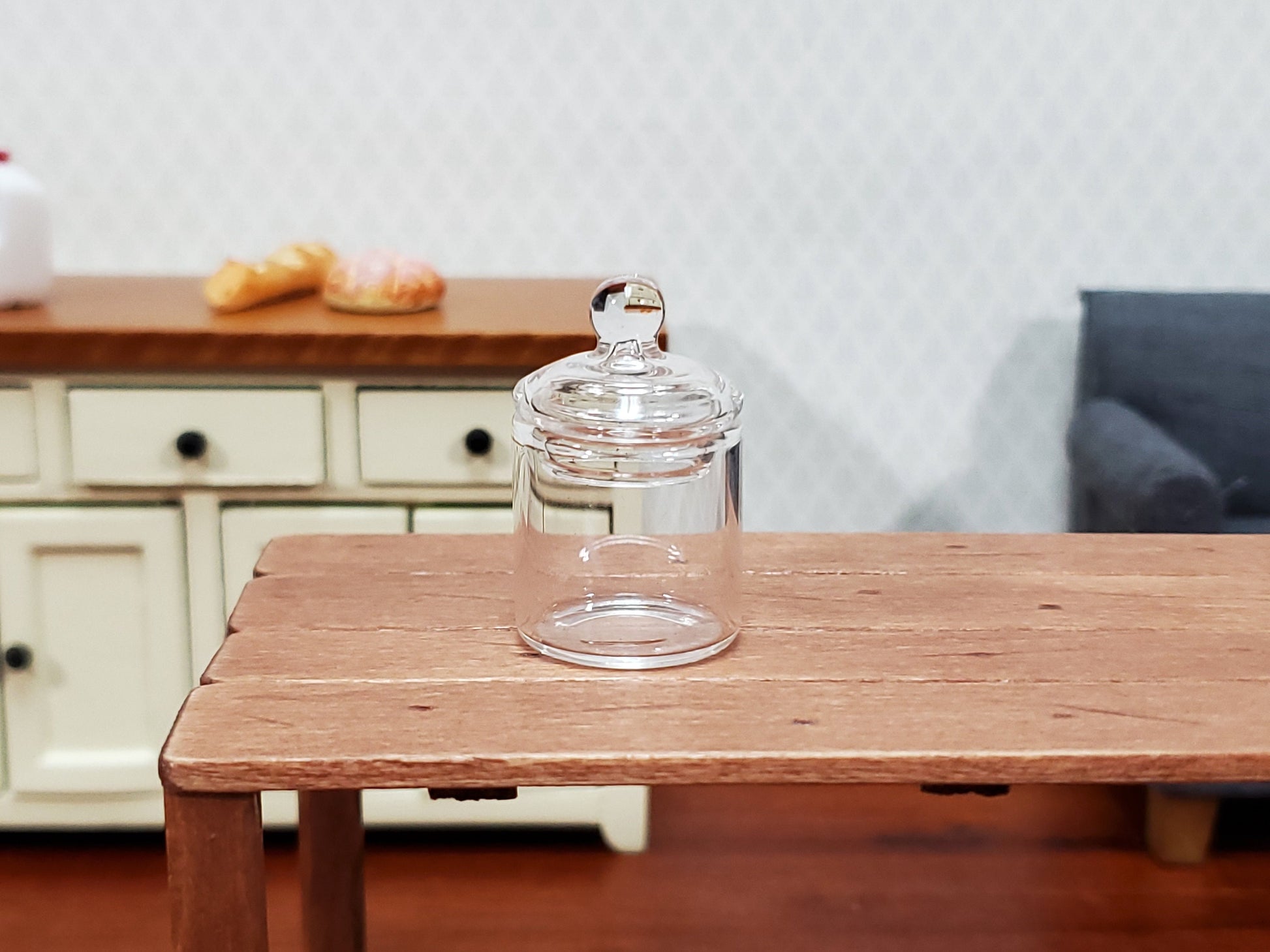 Dollhouse Candy Jar Empty Glass with Lid Short Wide for Miniature Shop or Kitchen