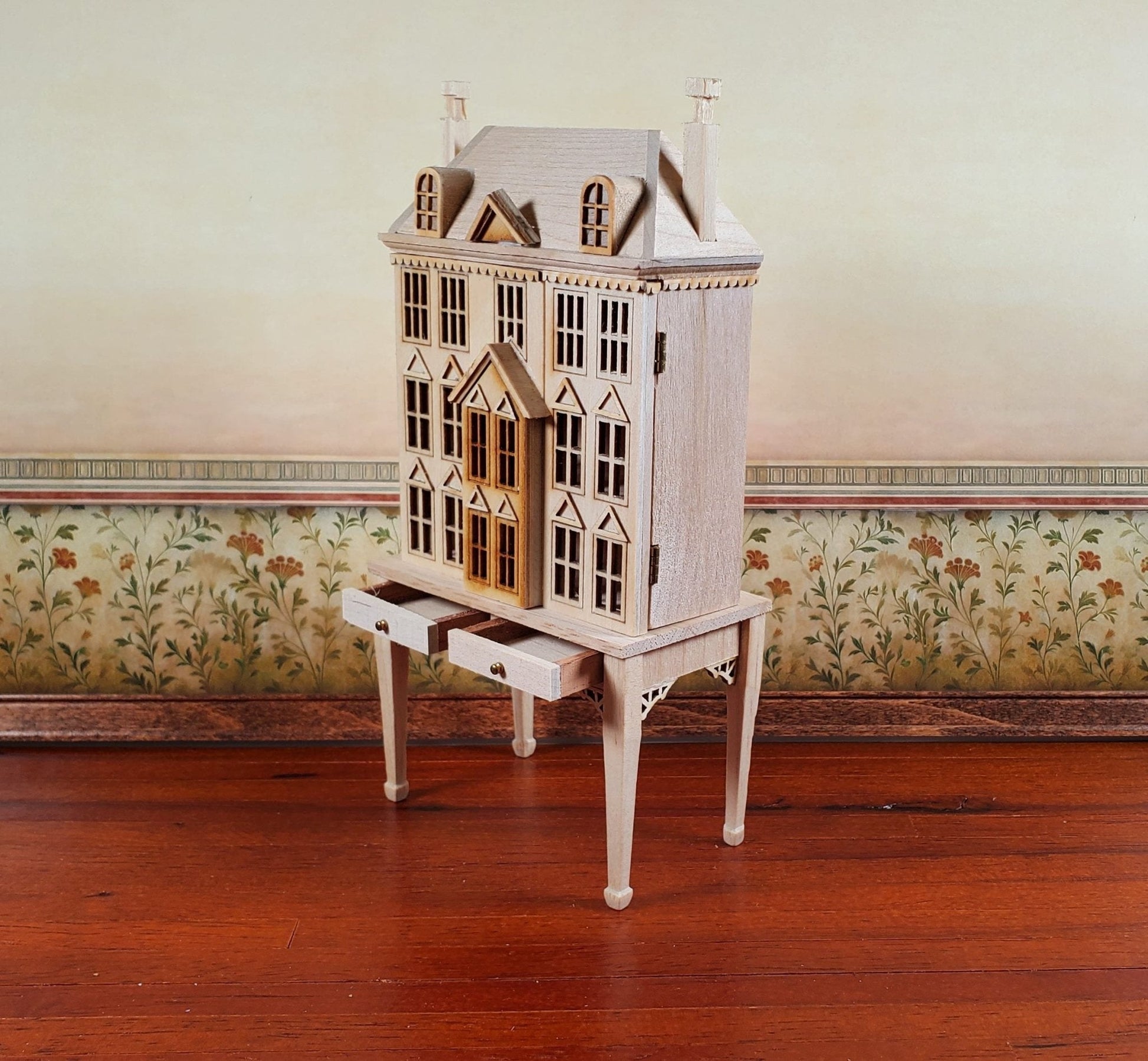 1:144 Scale Dollhouse with Table Unpainted 3 Level Front Opening Miniature - Miniature Crush