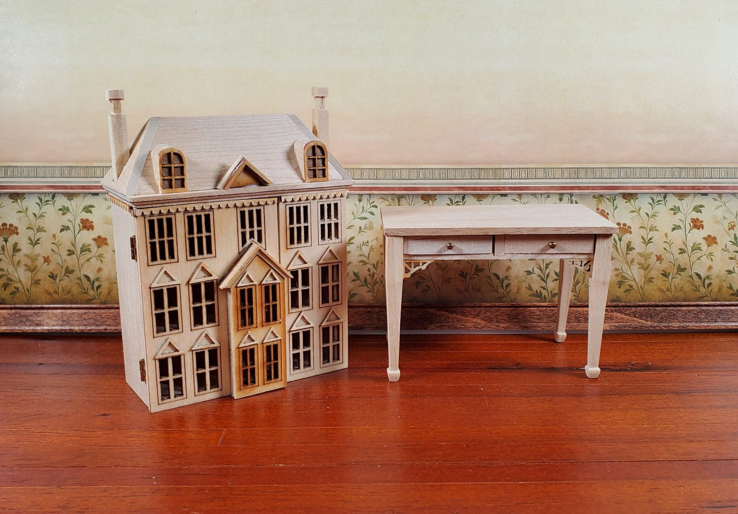 1:144 Scale Dollhouse with Table Unpainted 3 Level Front Opening Miniature - Miniature Crush
