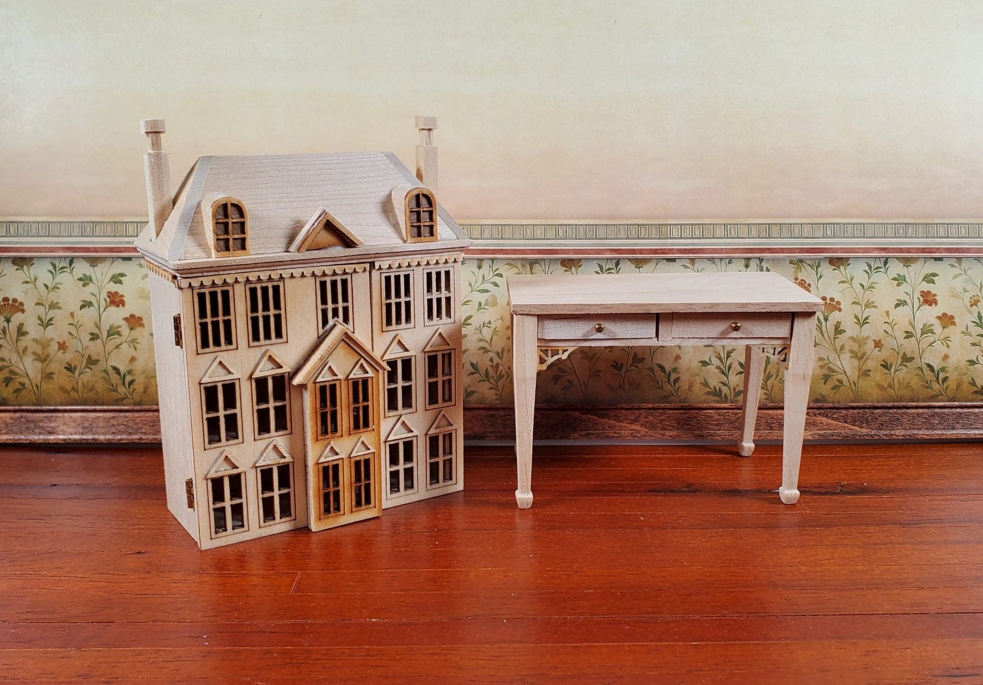 1:144 Scale Dollhouse with Table Unpainted 3 Level Front Opening Miniature - Miniature Crush