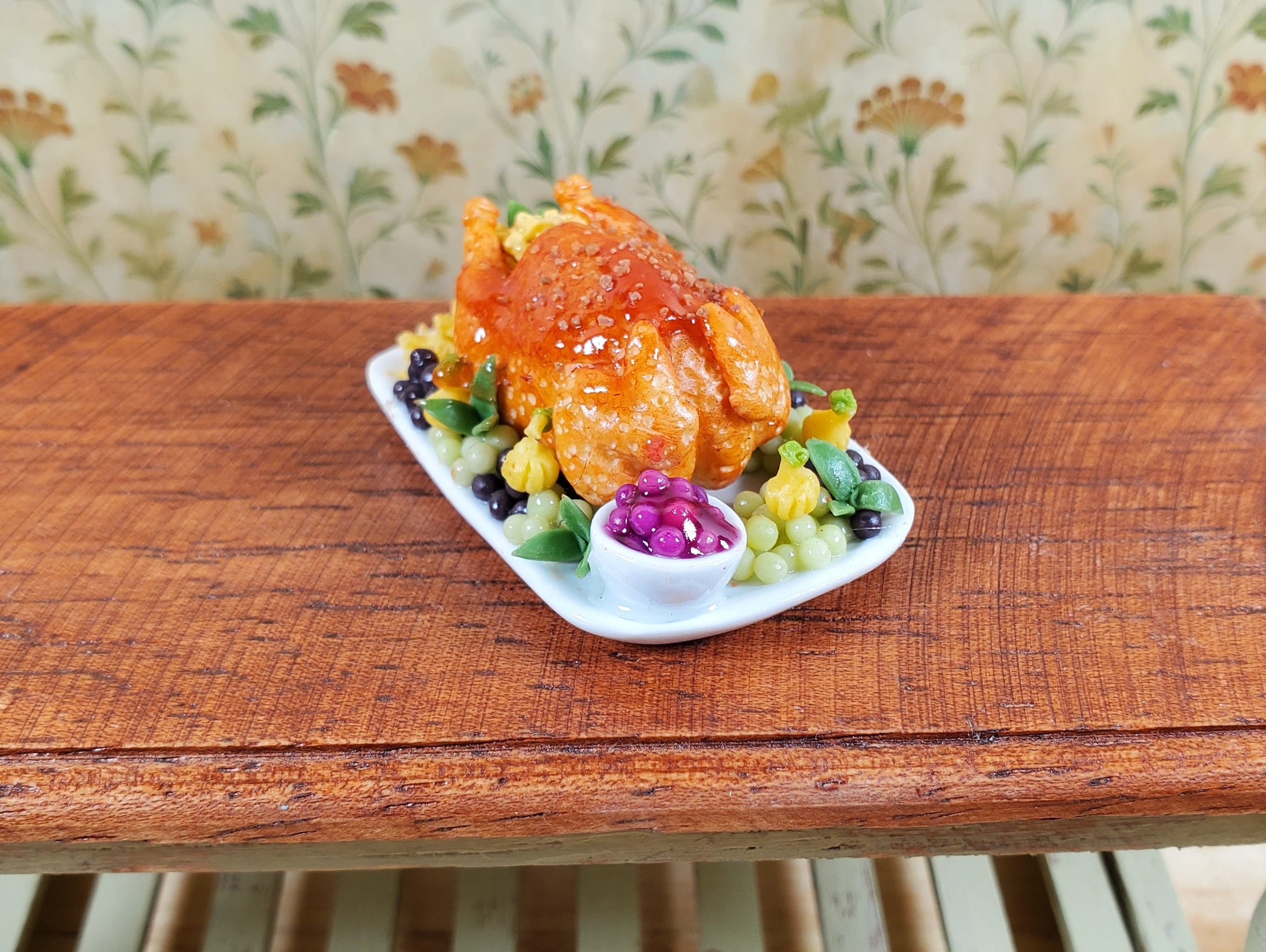 Dollhouse Glazed Stuffed Turkey on Platter with Fruit 1:12 Scale Miniature Food