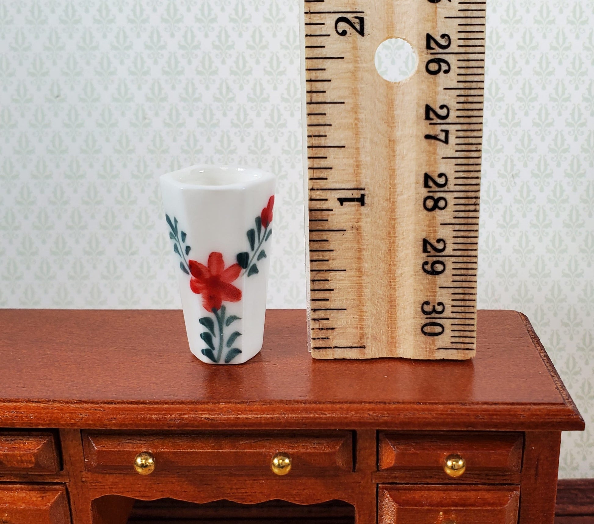 Dollhouse Large Vase White Ceramic Red Flower Design Use in 1:12 or 1/6 Scale