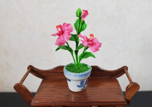 Dollhouse Pink Hibiscus Plant in Ceramic Planter 1:12 Scale Miniature Flowers