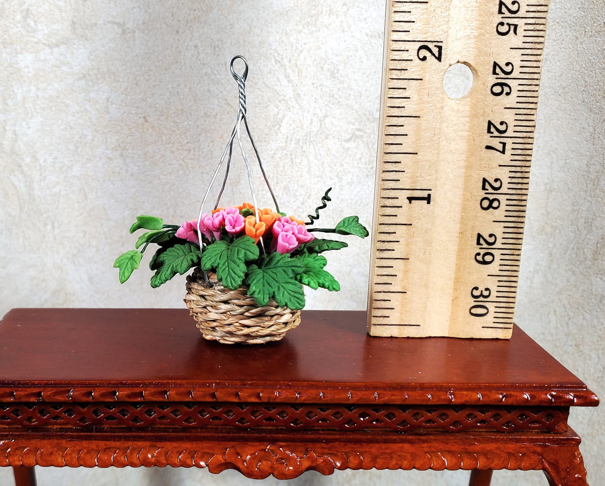 Dollhouse Orange & Pink Flowers in Hanging Basket 1:12 Scale Miniature Garden