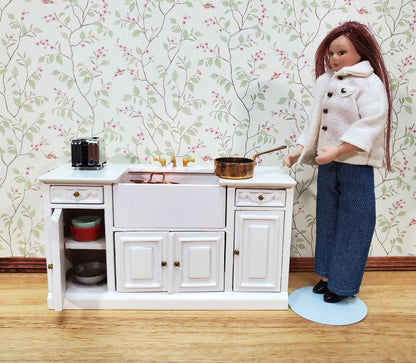 Dollhouse Kitchen Sink Farmhouse Cabinet Style White 1:12 Scale Miniature