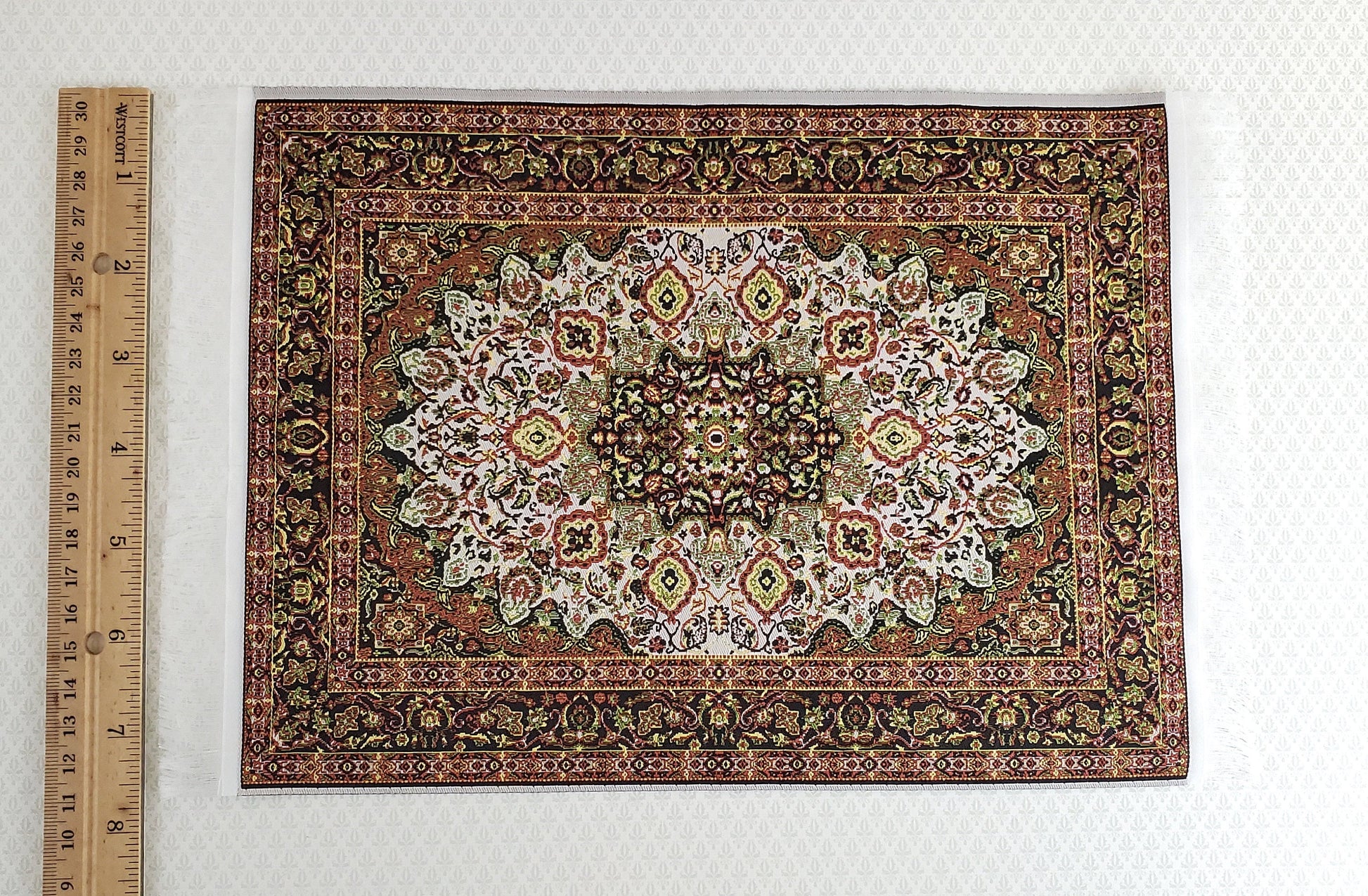 Dollhouse Miniature Rug Large Gold & Green with Fringe Full Room Carpet 1:12 Scale