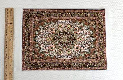 Dollhouse Miniature Rug Large Gold & Green with Fringe Full Room Carpet 1:12 Scale