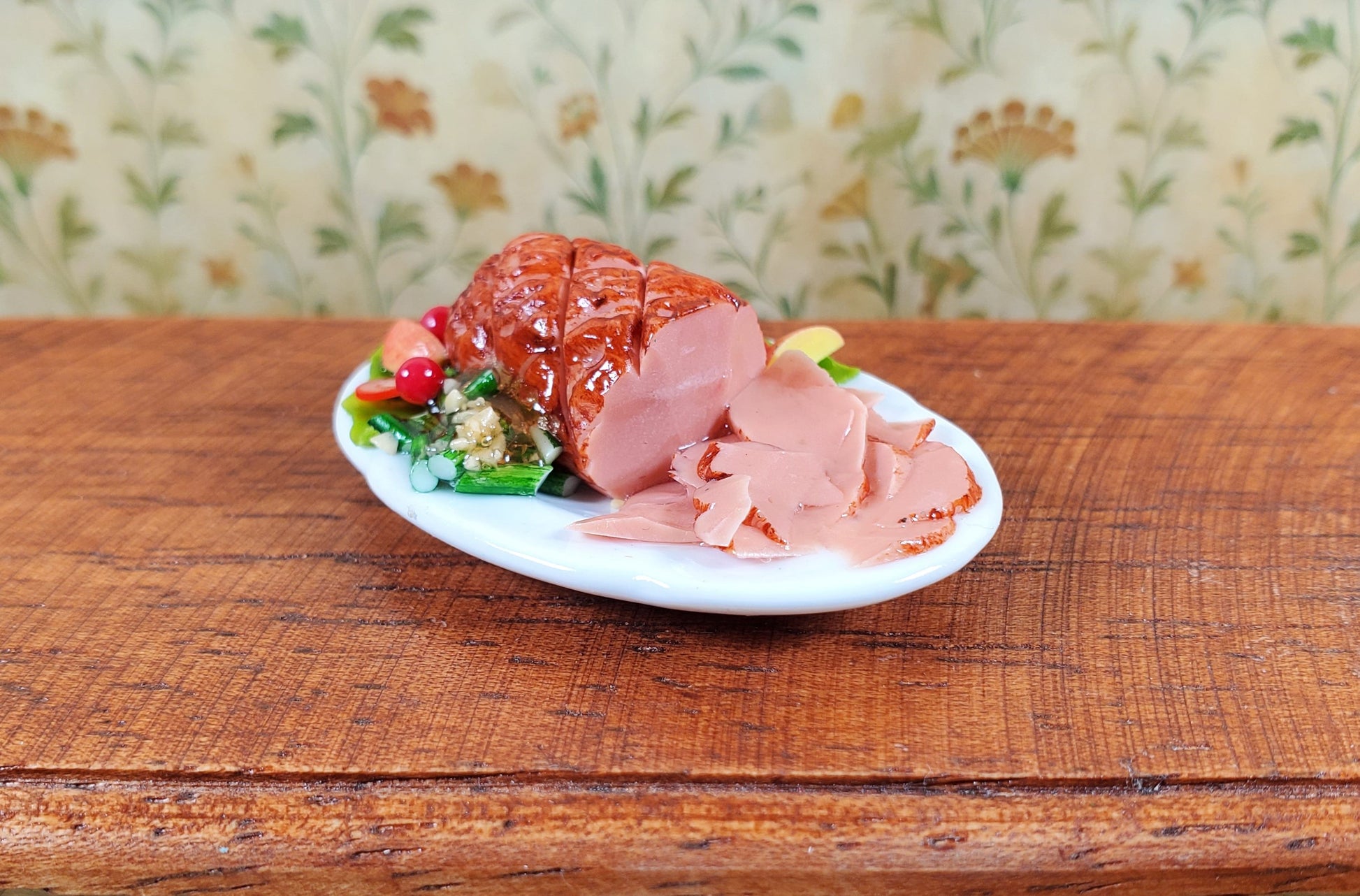 Dollhouse Sliced Ham with Vegetables on Ceramic Platter 1:12 Scale Miniature