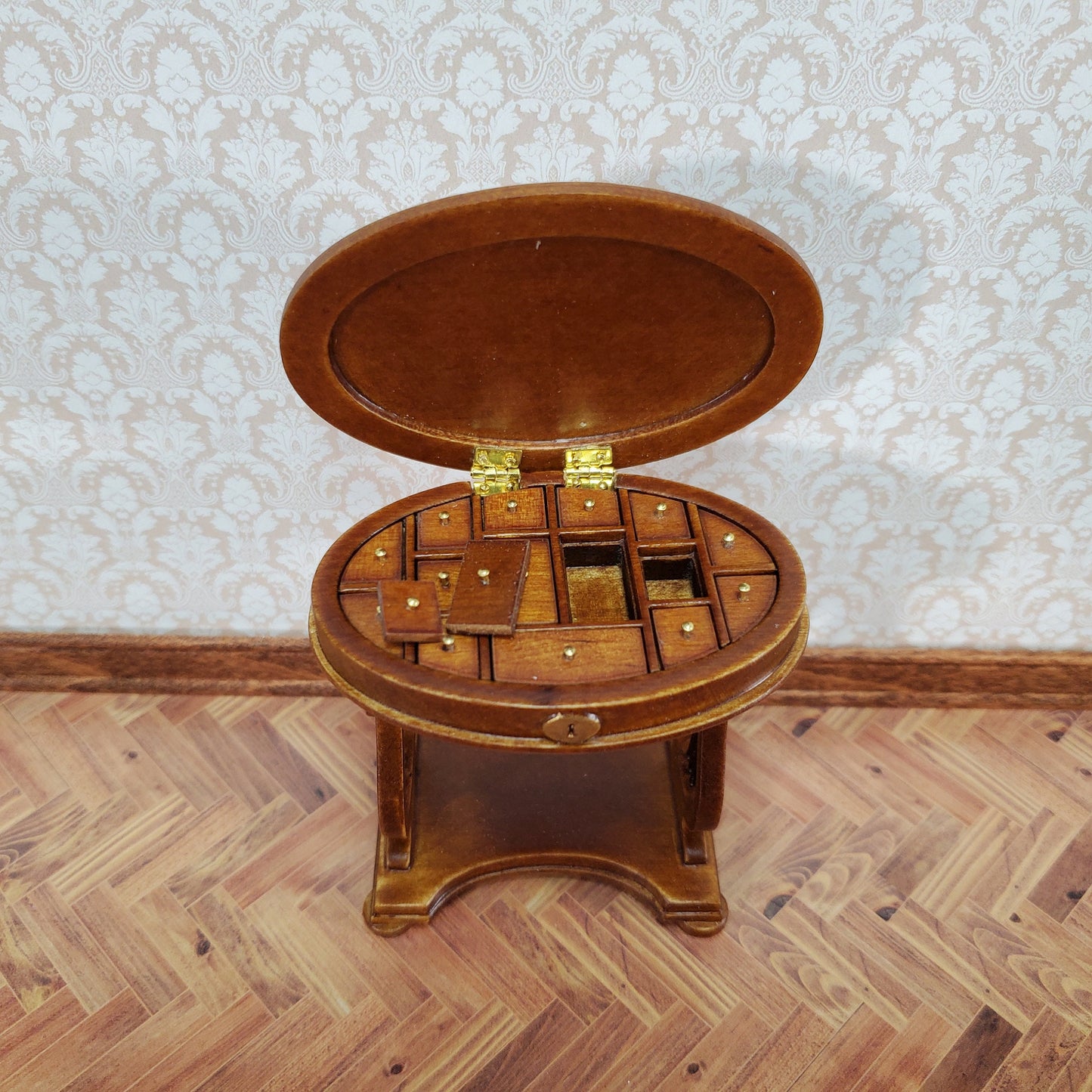 JBM Miniature Sewing Table Oval 1:12 Scale Miniature Furniture Walnut Finish