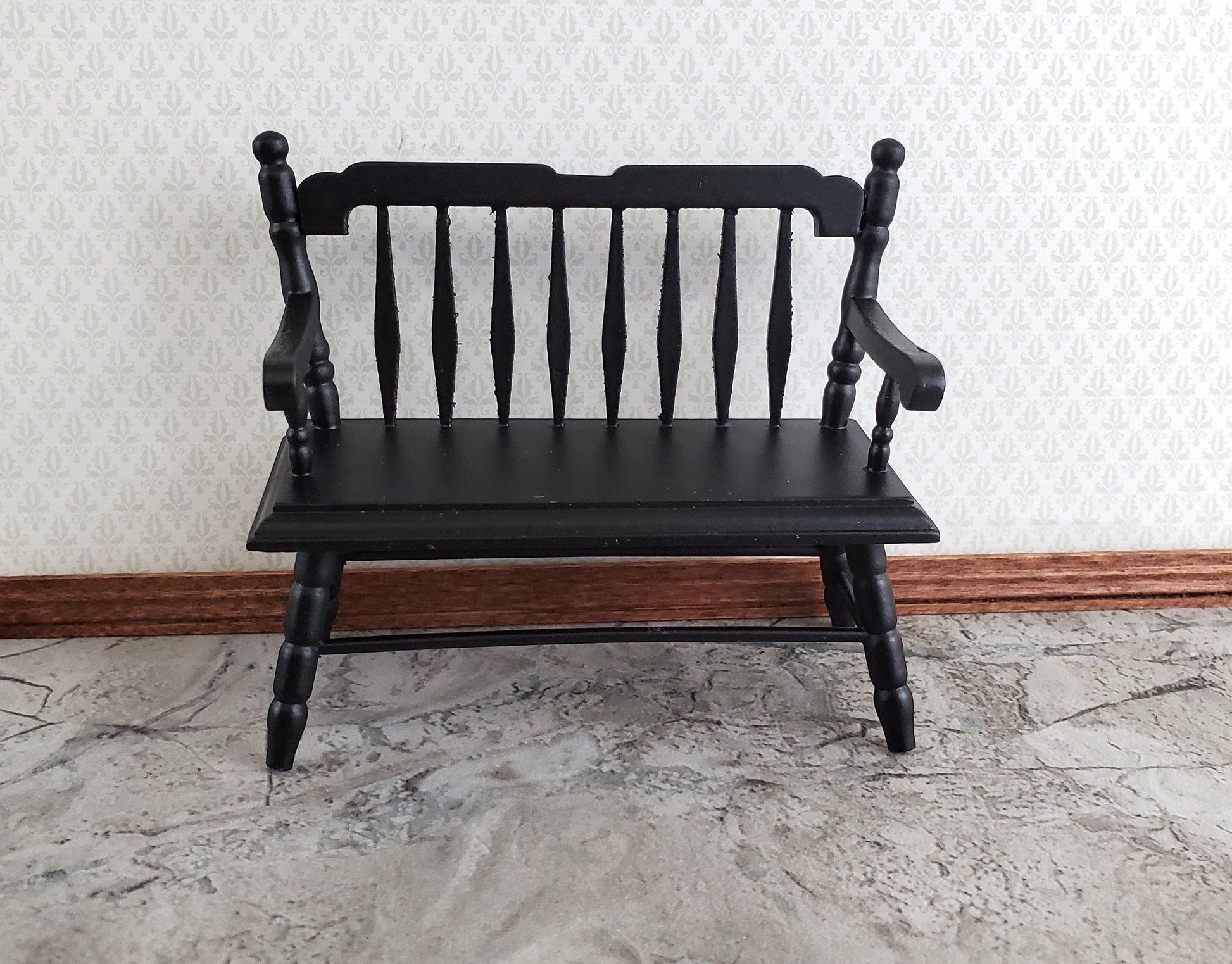 Dollhouse Bench Deacon Style Black Wood 1:12 Scale Miniature Furniture