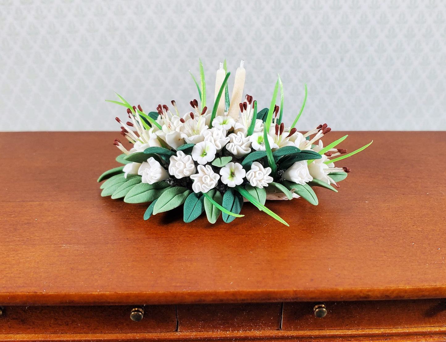 Dollhouse White Lily Centerpiece with White Candles 1:12 Scale Miniature