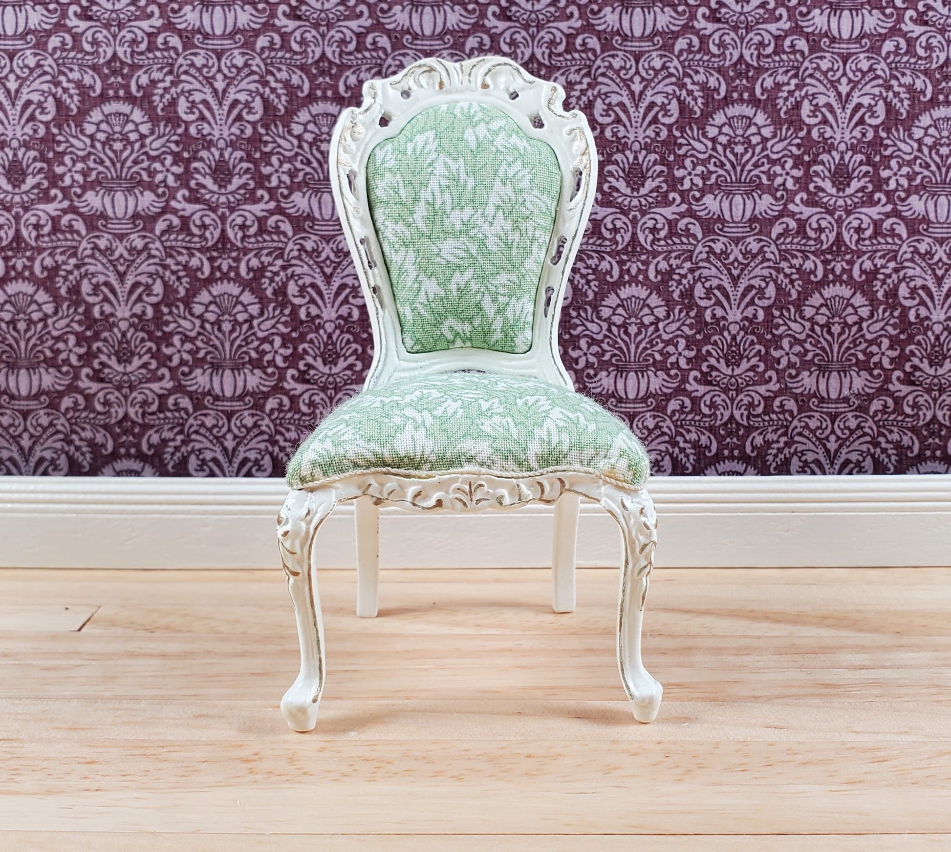Dollhouse White & Gold Side Chair Green Fern Fabric 1:12 Scale Furniture Hansson