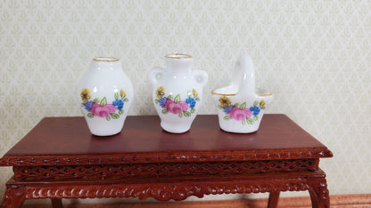 Dollhouse Vase Urn & Basket Ceramic White Pink Floral 3pc 1:12 Scale Miniatures