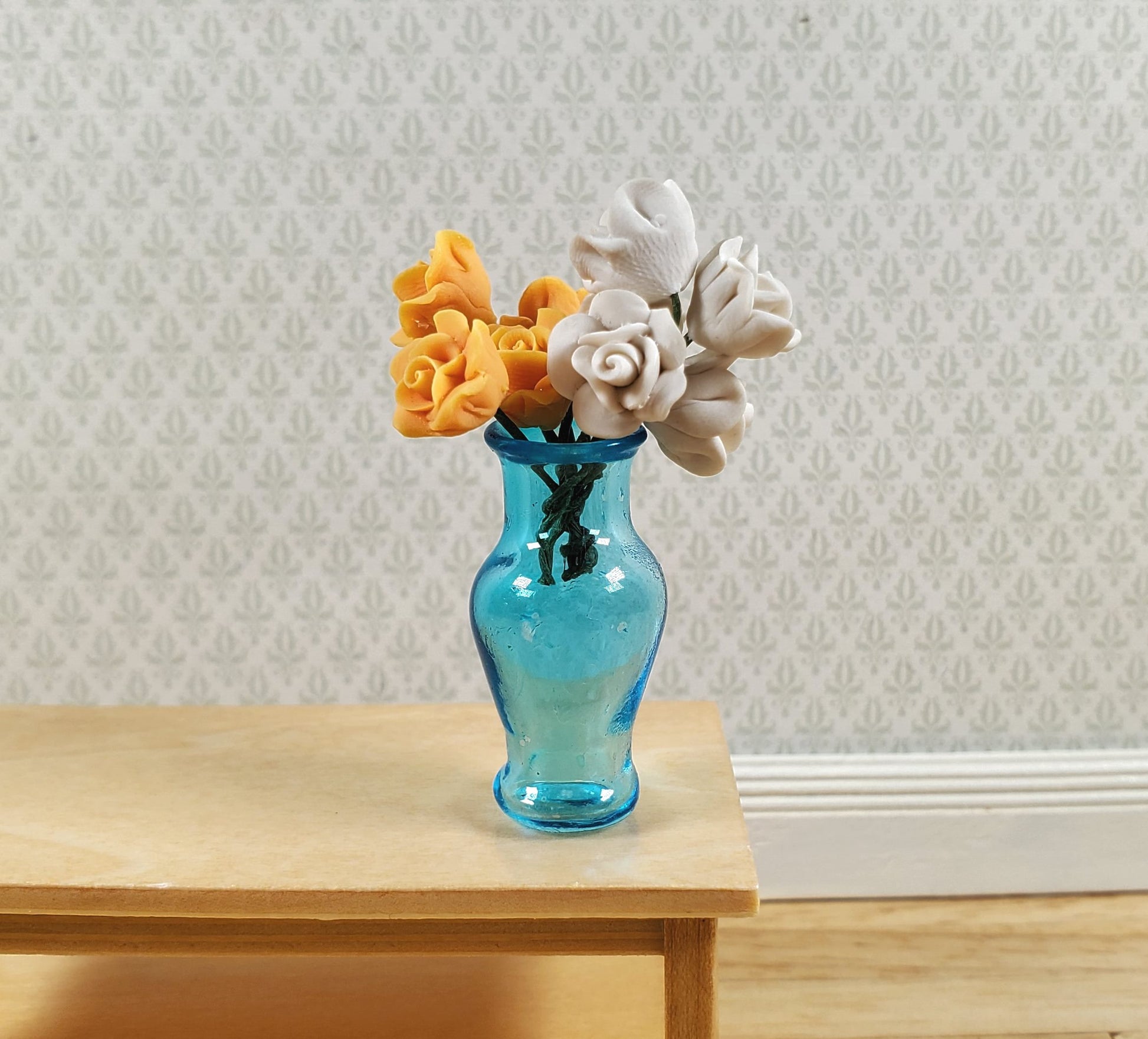 Dollhouse Glass Pedestal Vase Large Aqua Color 1:12 Scale some color flaws