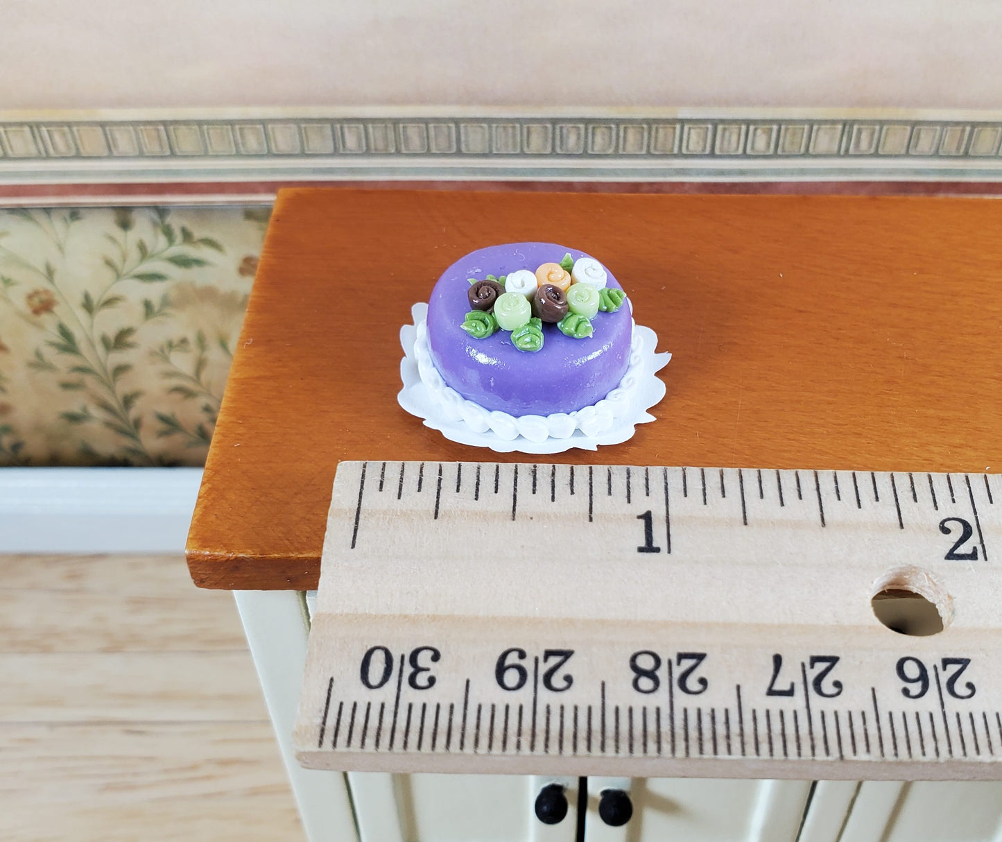Dollhouse Purple Cake with Rose Decorations 1:12 Scale Miniature Dessert