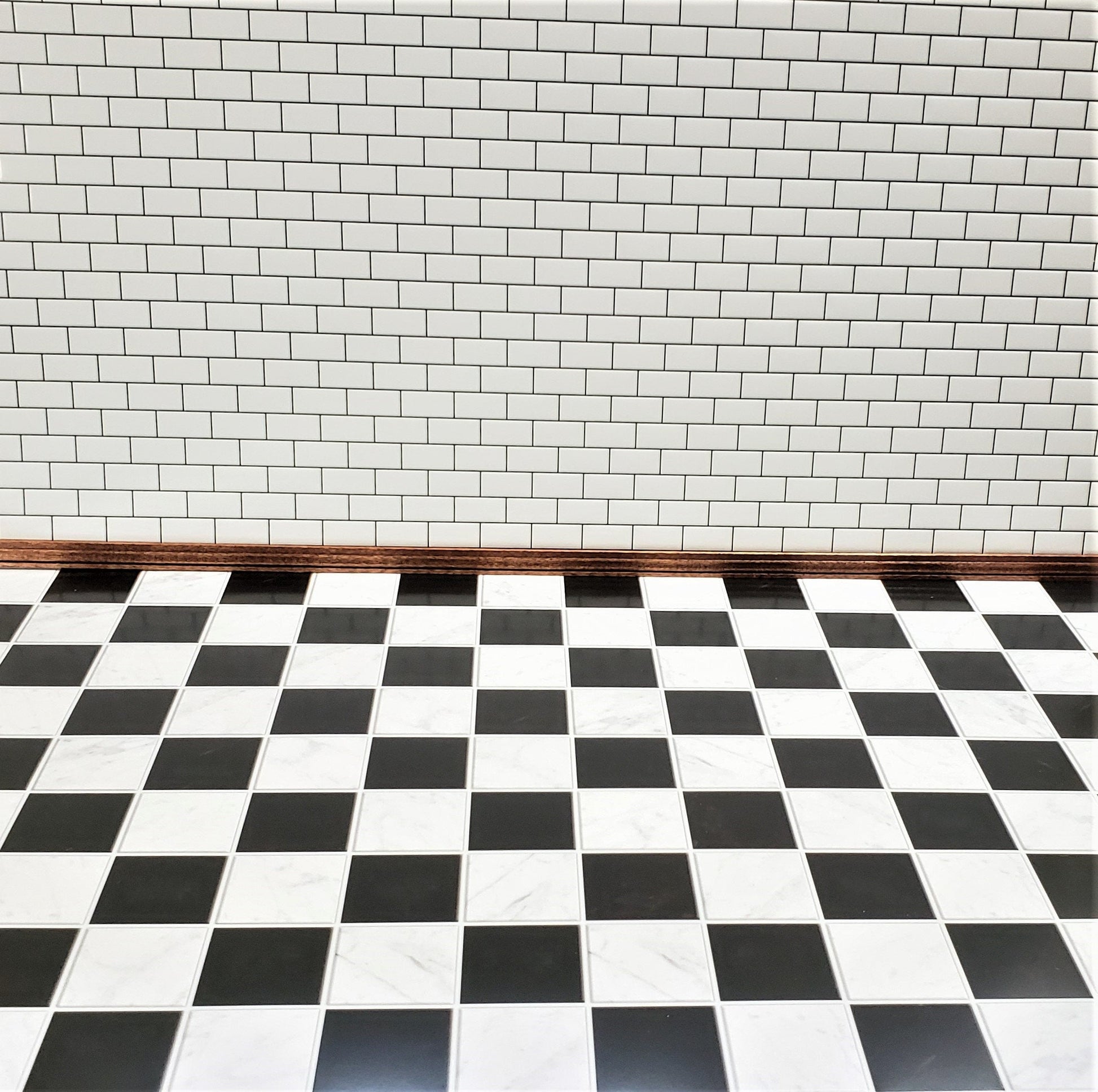 Dollhouse Marble Tile Floor Black & White Semi-Gloss Card 1 1/16" Squares