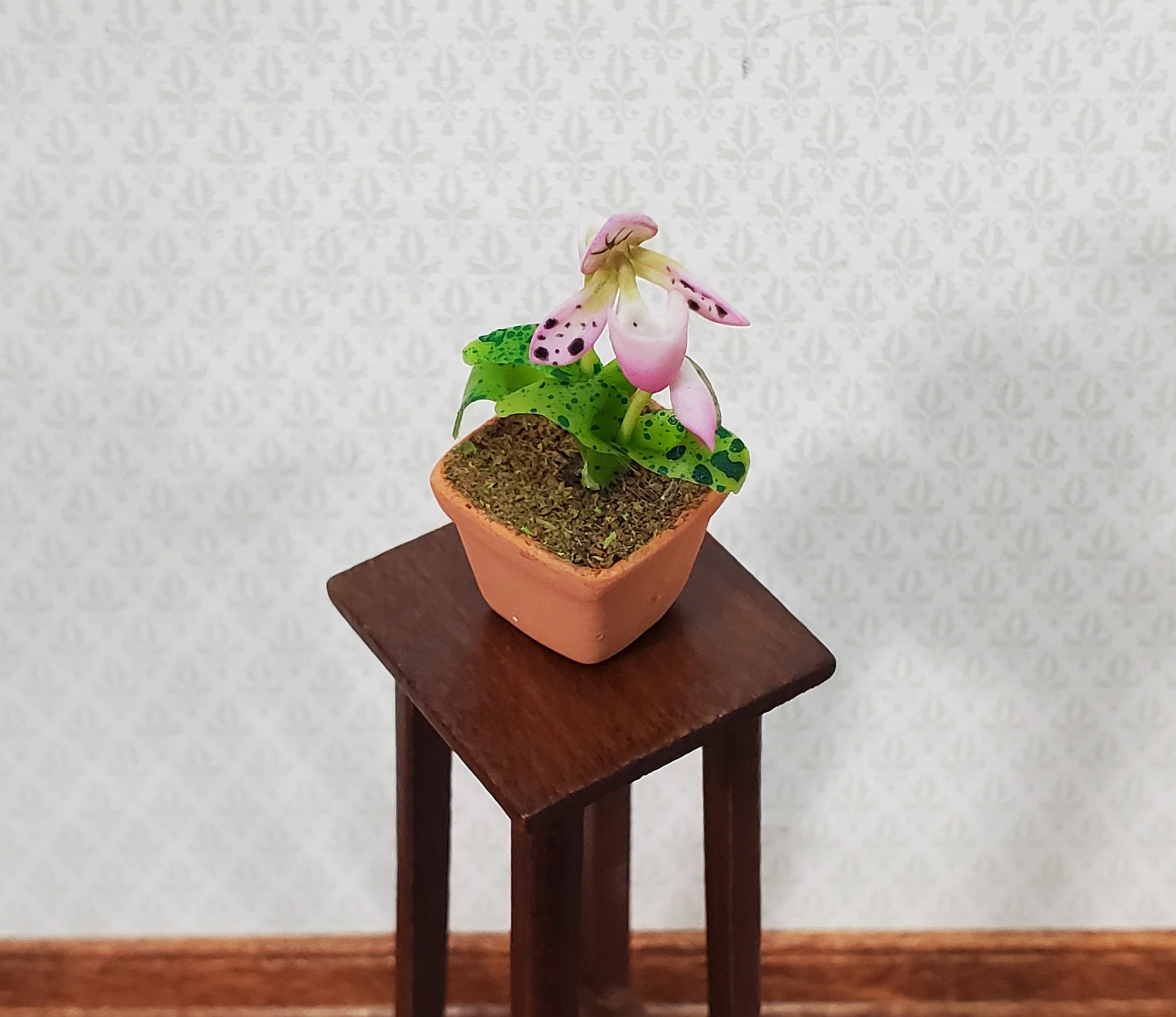 Dollhouse Potted Orchid Pink & White Flowering Plant 1:12 Scale Miniature