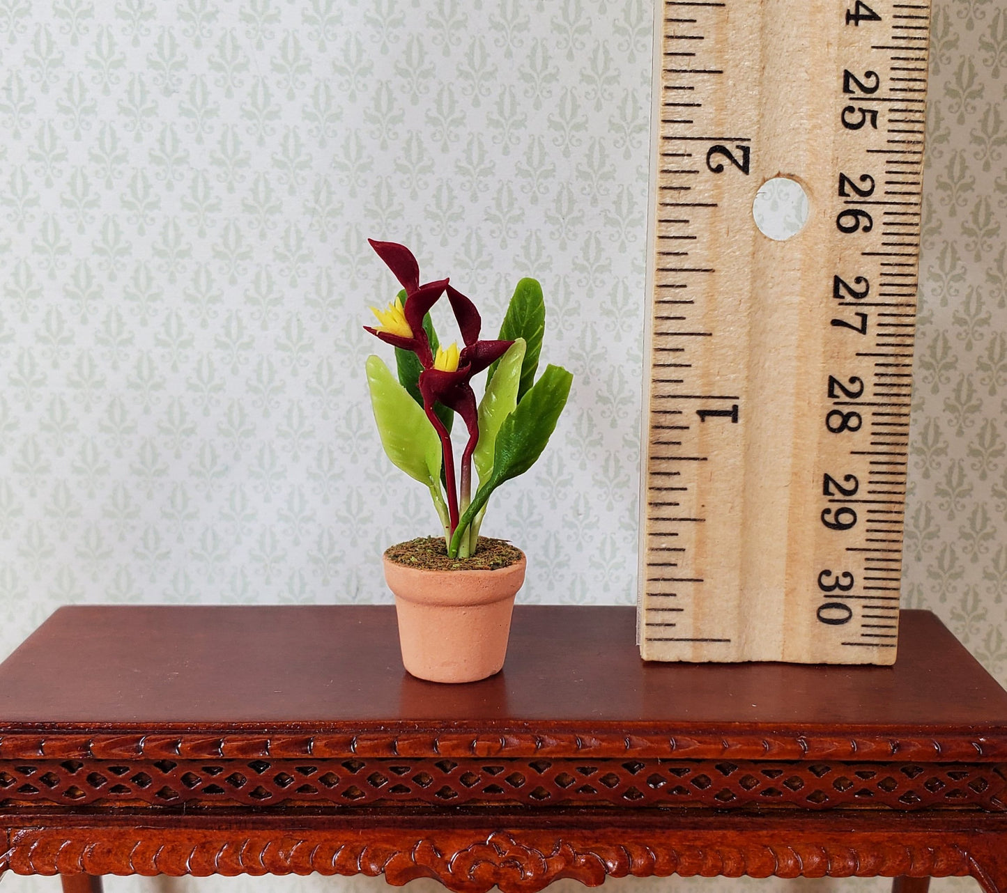 Dollhouse Burgundy and Yellow Heliconia Plant in Terra Cotta Pot 1:12 Scale