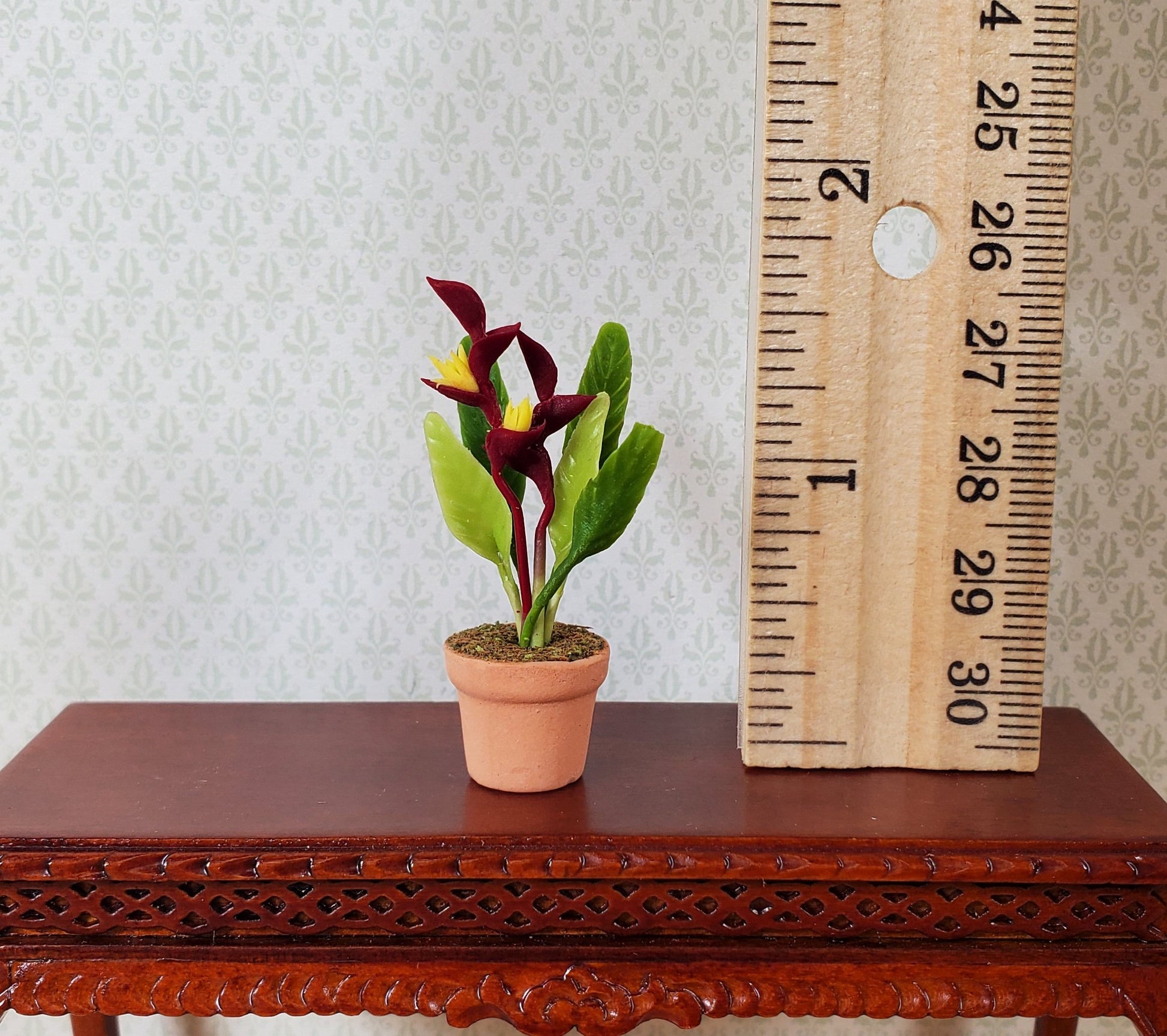 Dollhouse Burgundy and Yellow Heliconia Plant in Terra Cotta Pot 1:12 Scale