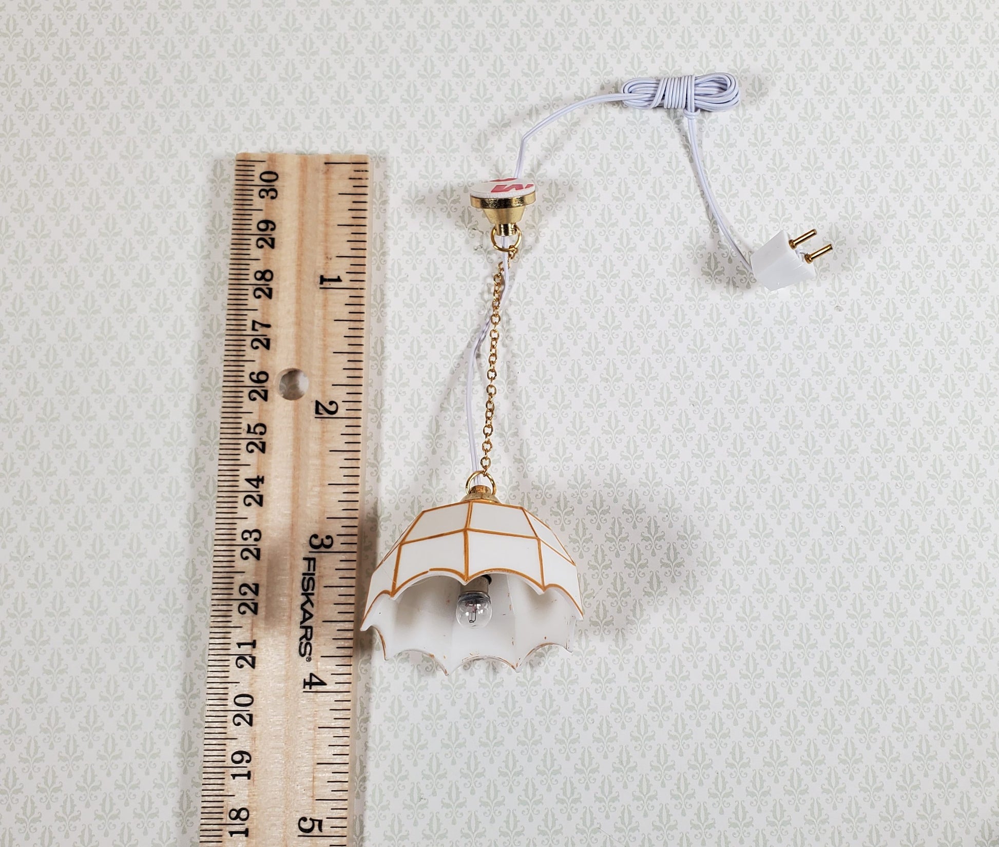 Dollhouse Ceiling Light White and Gold 1:12 Scale Miniature 12 Volt with Plug