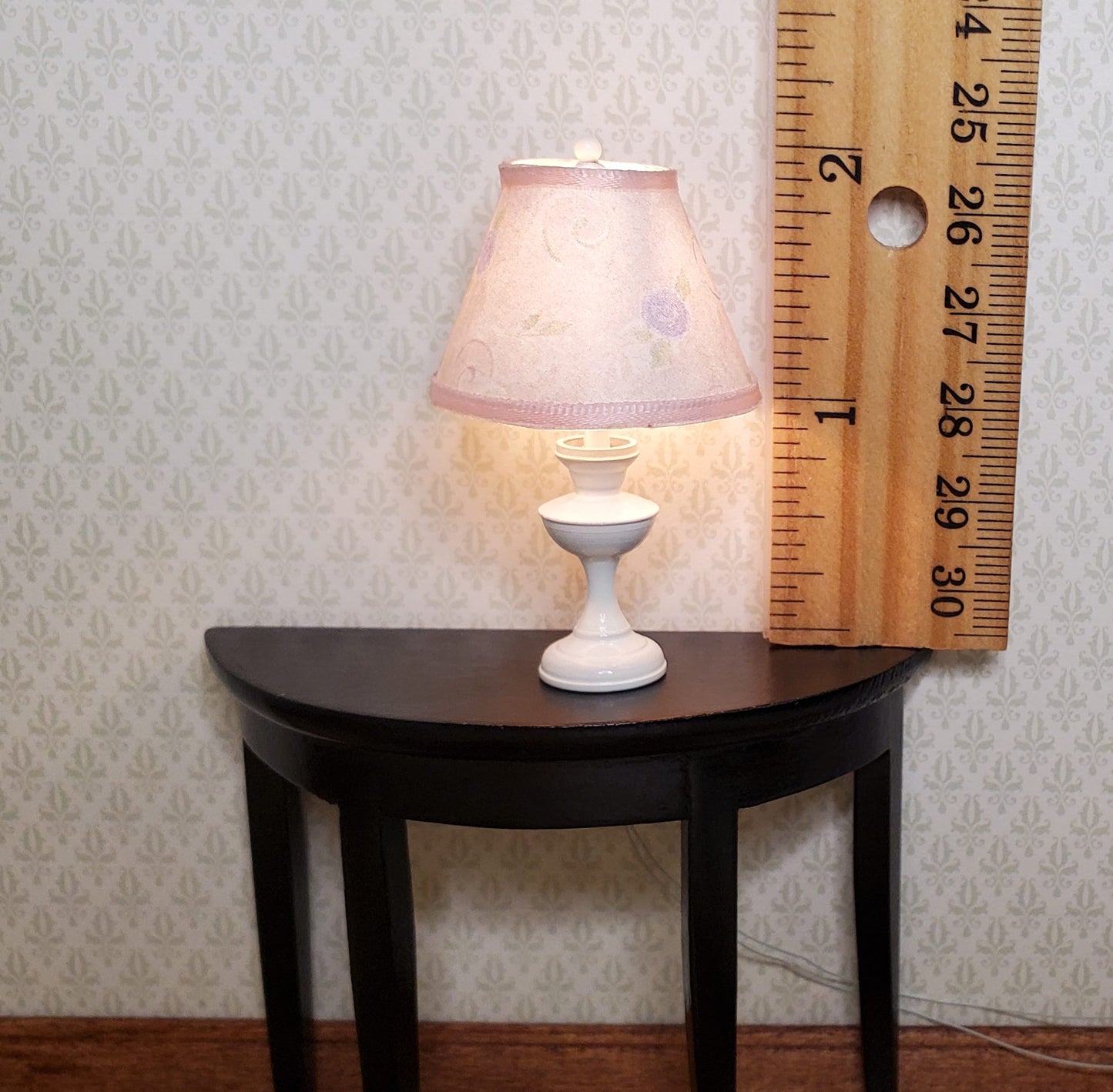 Dollhouse Nursery Table Lamp Pink Shade White Brass Base 12 Volt Wired 1:12