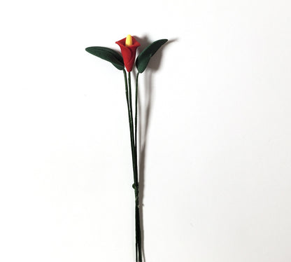 Dollhouse Red Calla Lily Single Stem with Foliage 1:12 Scale Miniature