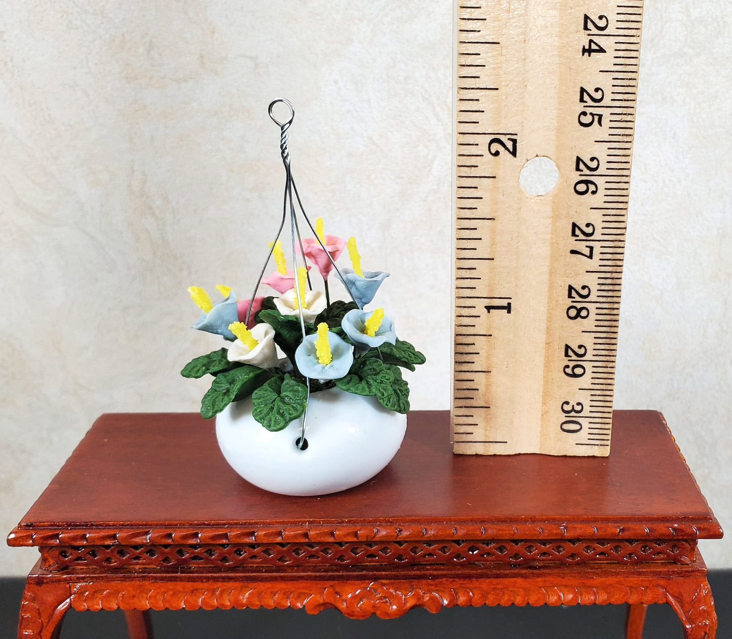 Dollhouse Pastel Flowers in a Hanging White Planter 1:12 Scale Miniature Garden