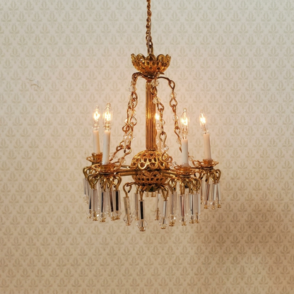 Dollhouse 5 Arm Crystal Chandelier with Chains Handmade 12 Volt 1:12 Scale