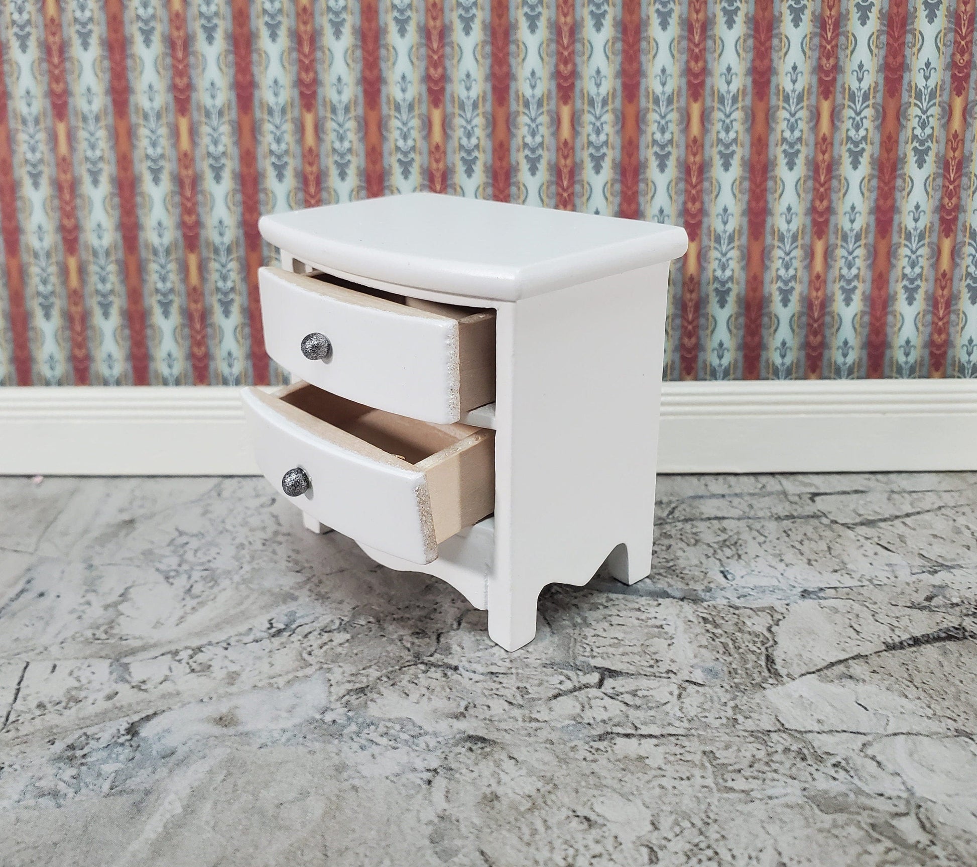 Dollhouse Side Table or Nightstand with 2 Drawers White 1:12 Scale Miniature Furniture