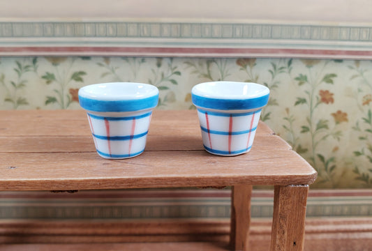 Dollhouse White Blue & Red Plaid Ceramic Planters x2 1:12 Scale Miniatures