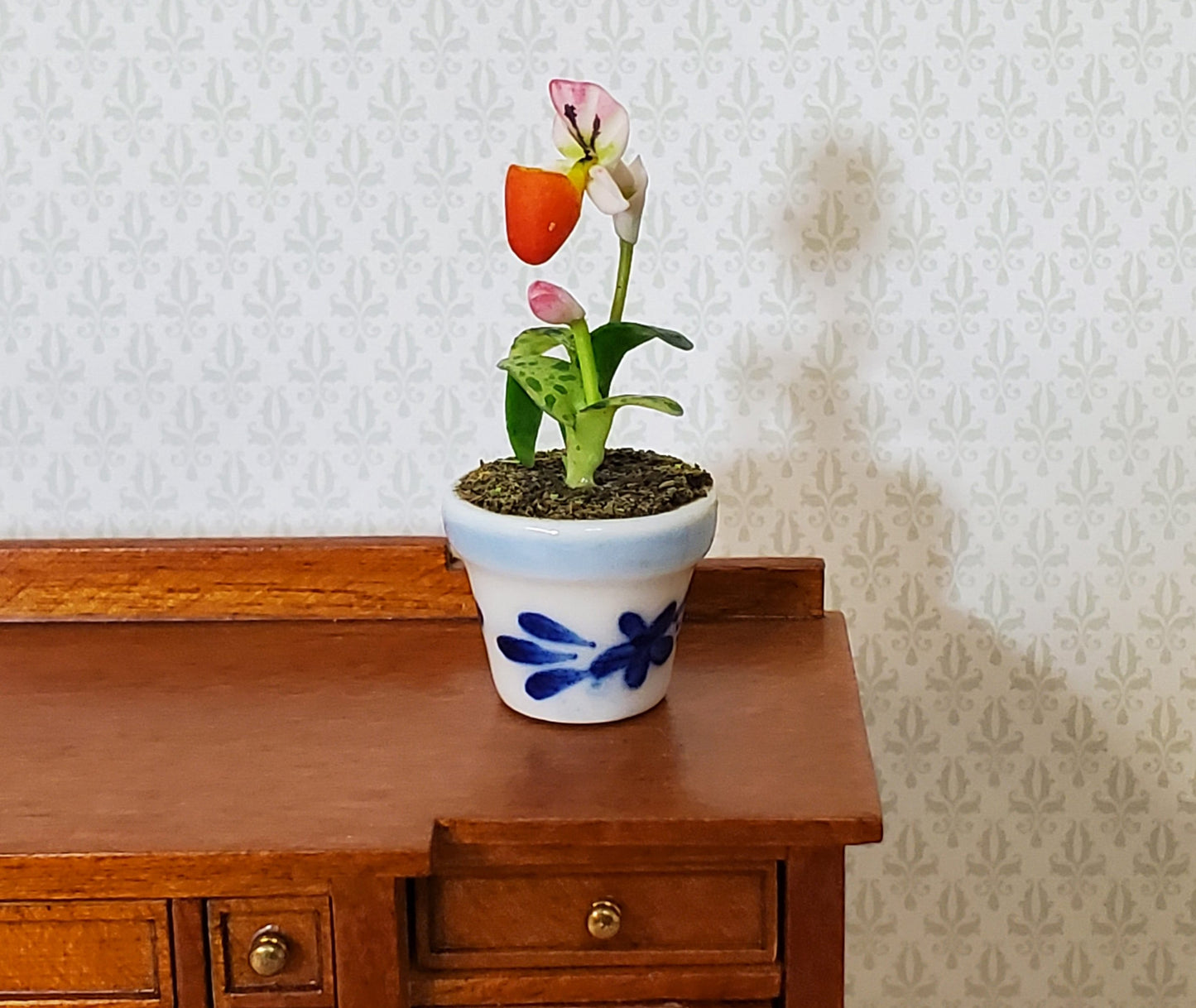 Dollhouse Potted Orchid Pink & White Flowering Plant in Ceramic Pot 1:12 Scale