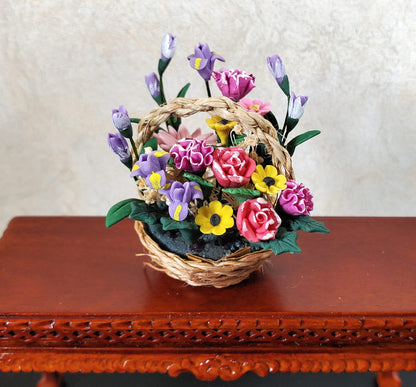 Dollhouse Colorful Basket of Flowers Pink & Purple with Greenery 1:12 Scale